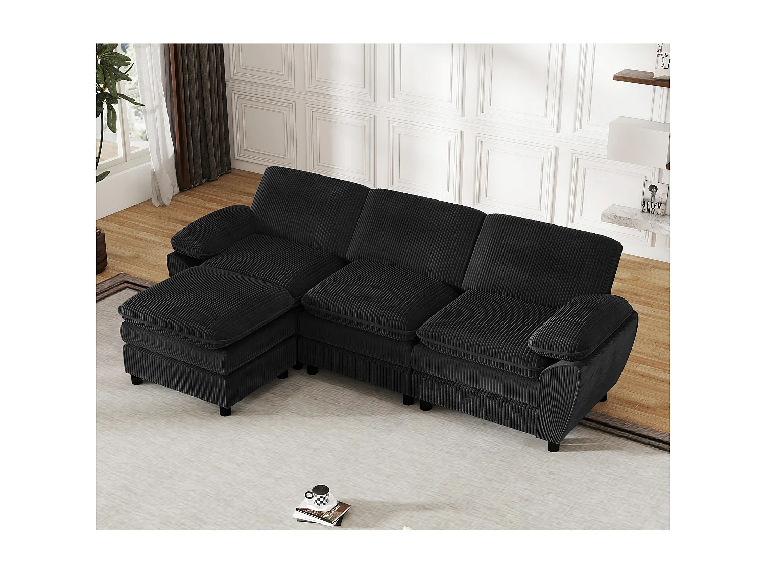 Divano moderno componibile con 2 cuscini e pouf sfoderabile, tessuto velluto, colore nero, (258x86,1x87,8 cm)