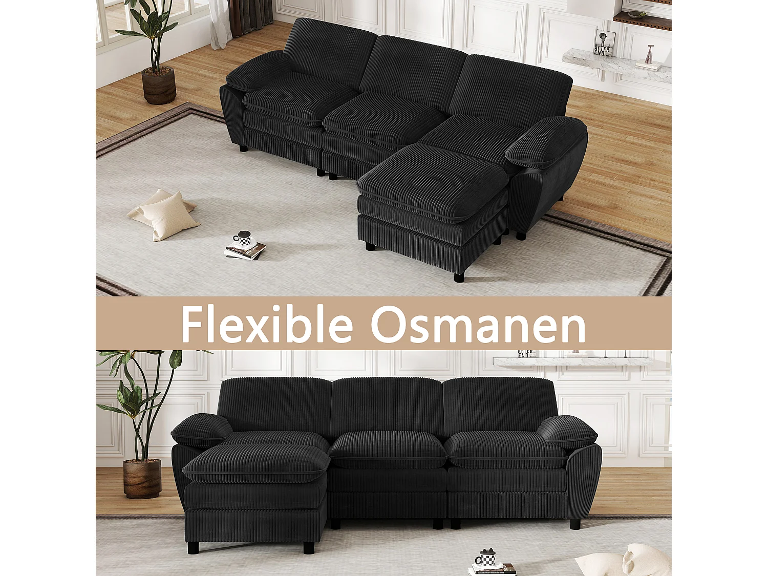 Divano moderno componibile con 2 cuscini e pouf sfoderabile, tessuto velluto, colore nero, (258x86,1x87,8 cm)