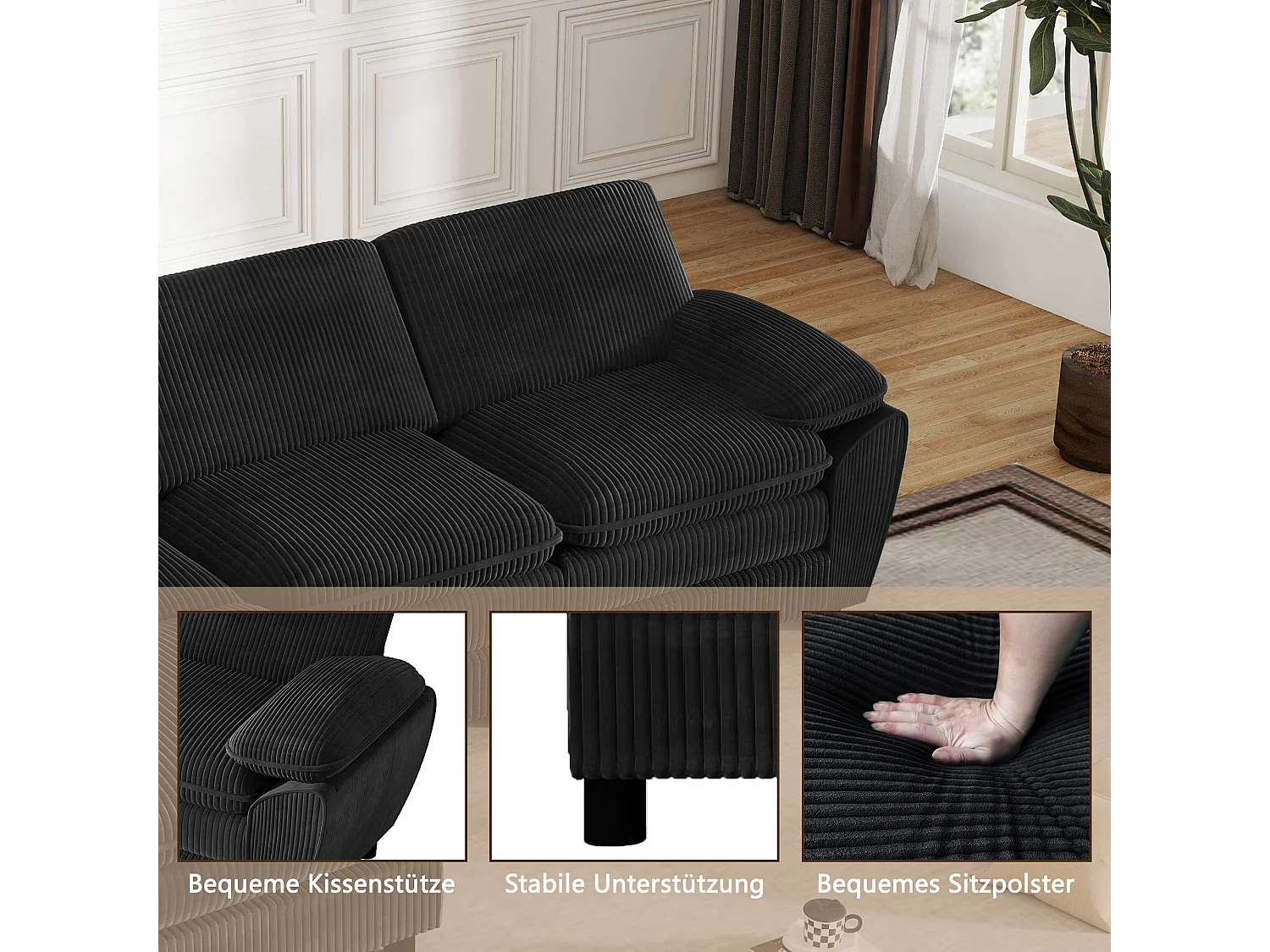 Divano moderno componibile con 2 cuscini e pouf sfoderabile, tessuto velluto, colore nero, (258x86,1x87,8 cm)