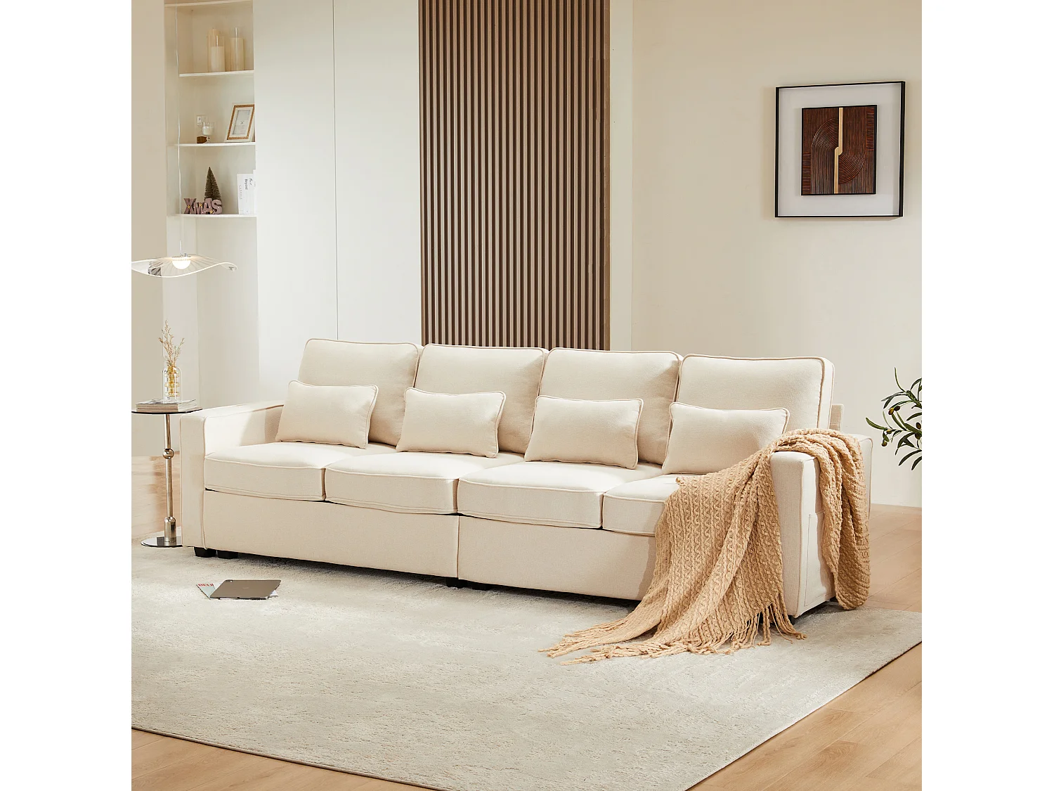 Canapé 4 places moderne en lin, avec poches sur les accoudoirs, 4 coussins, design simple, gris (264x83x87 cm)