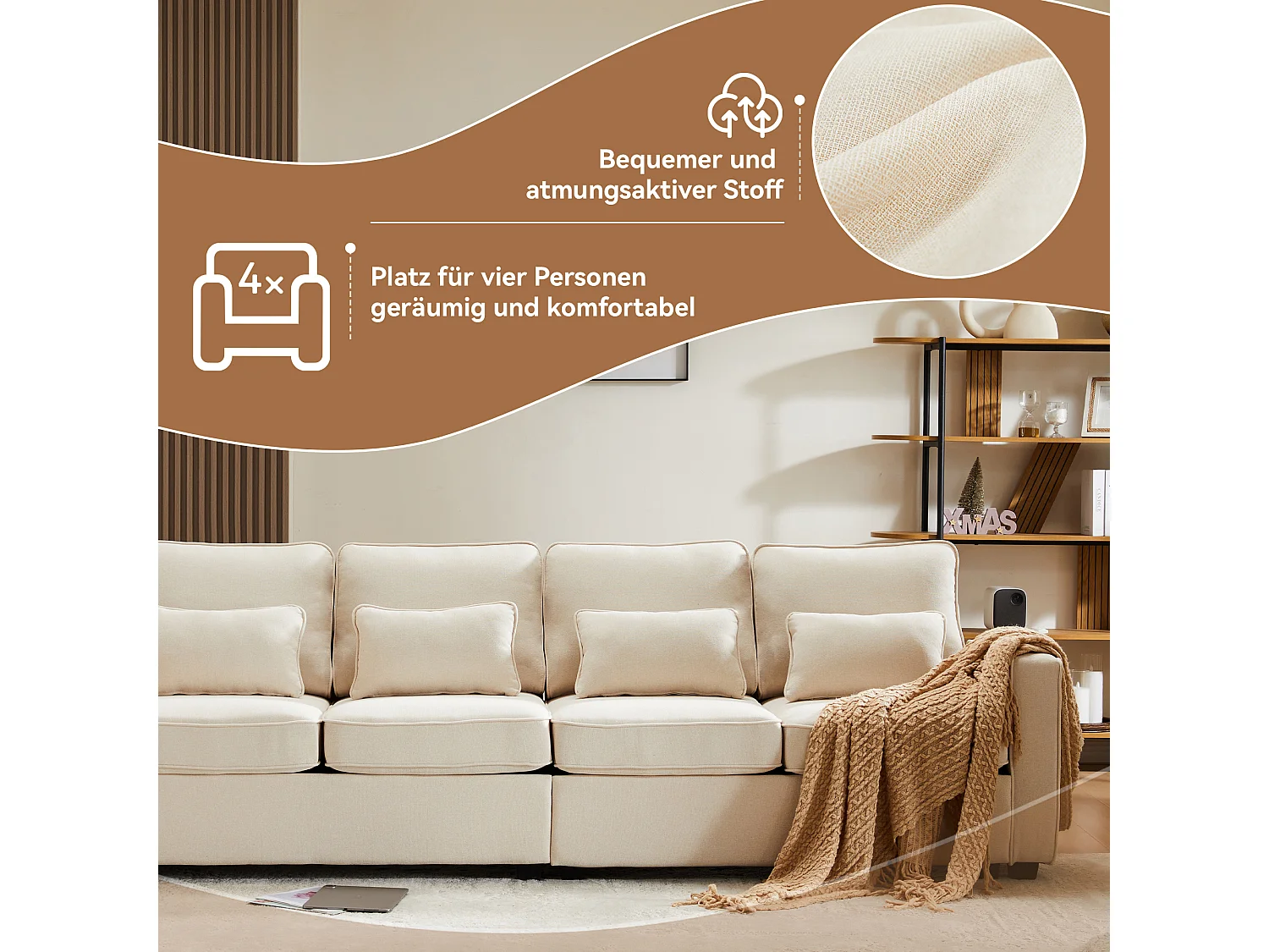 Canapé 4 places moderne en lin, avec poches sur les accoudoirs, 4 coussins, design simple, gris (264x83x87 cm)