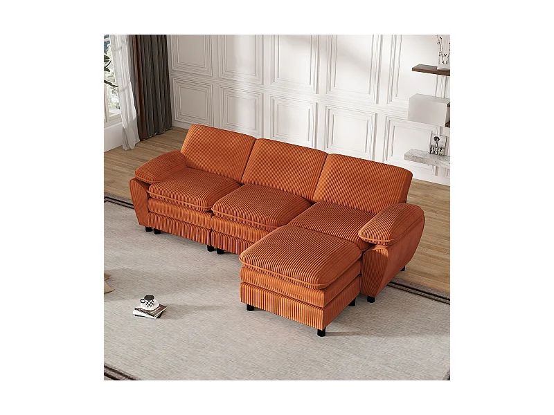 Canapé modulable avec coussins doubles, velours lampes, avec Pouf amovible, coloris orange (258x86.1x87.8 cm)