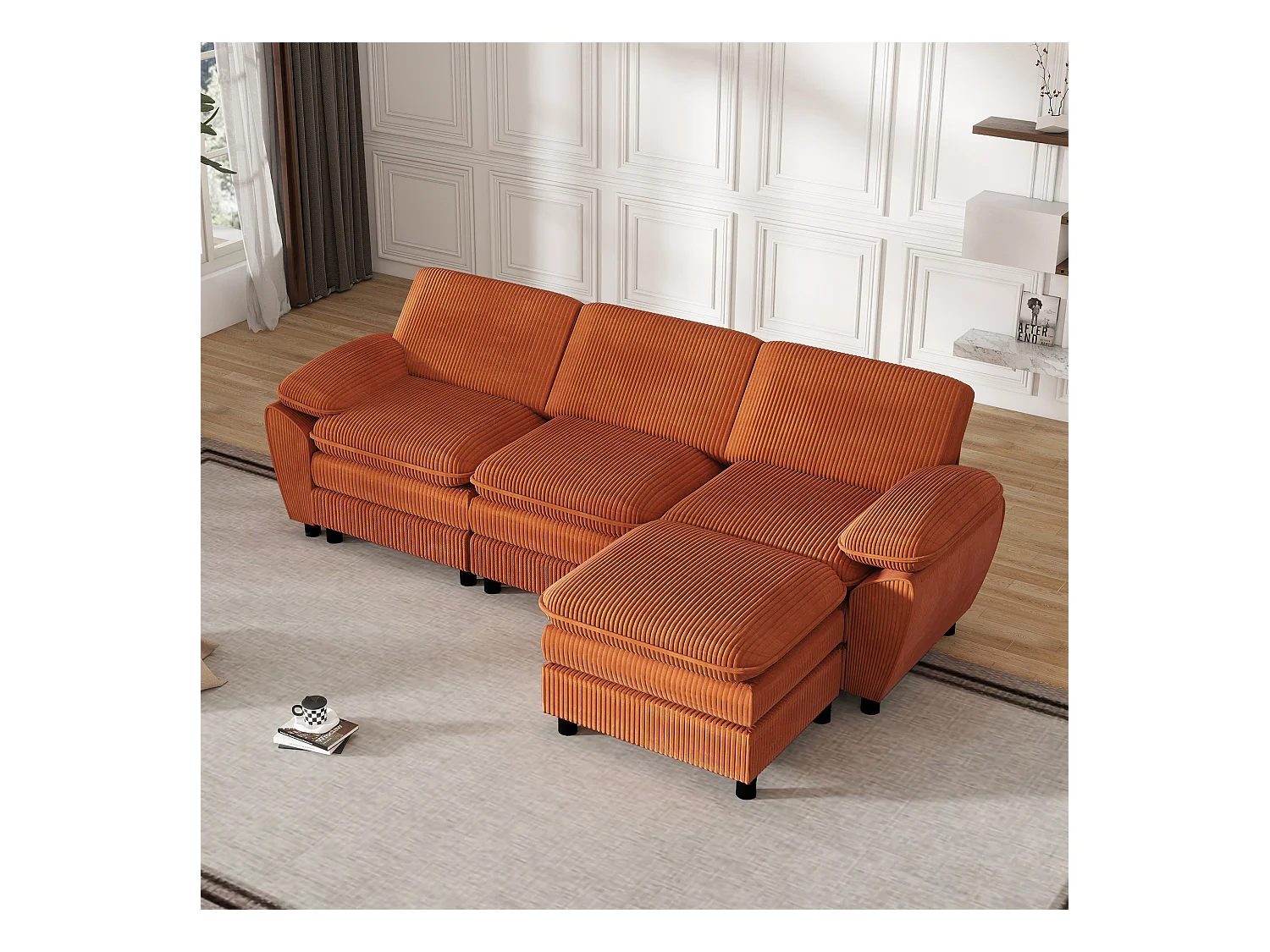 Modulaire bank met dubbele kussens, fluwelen lampen, met afneembare poef, kleur oranje (258x86,1x87,8 cm)