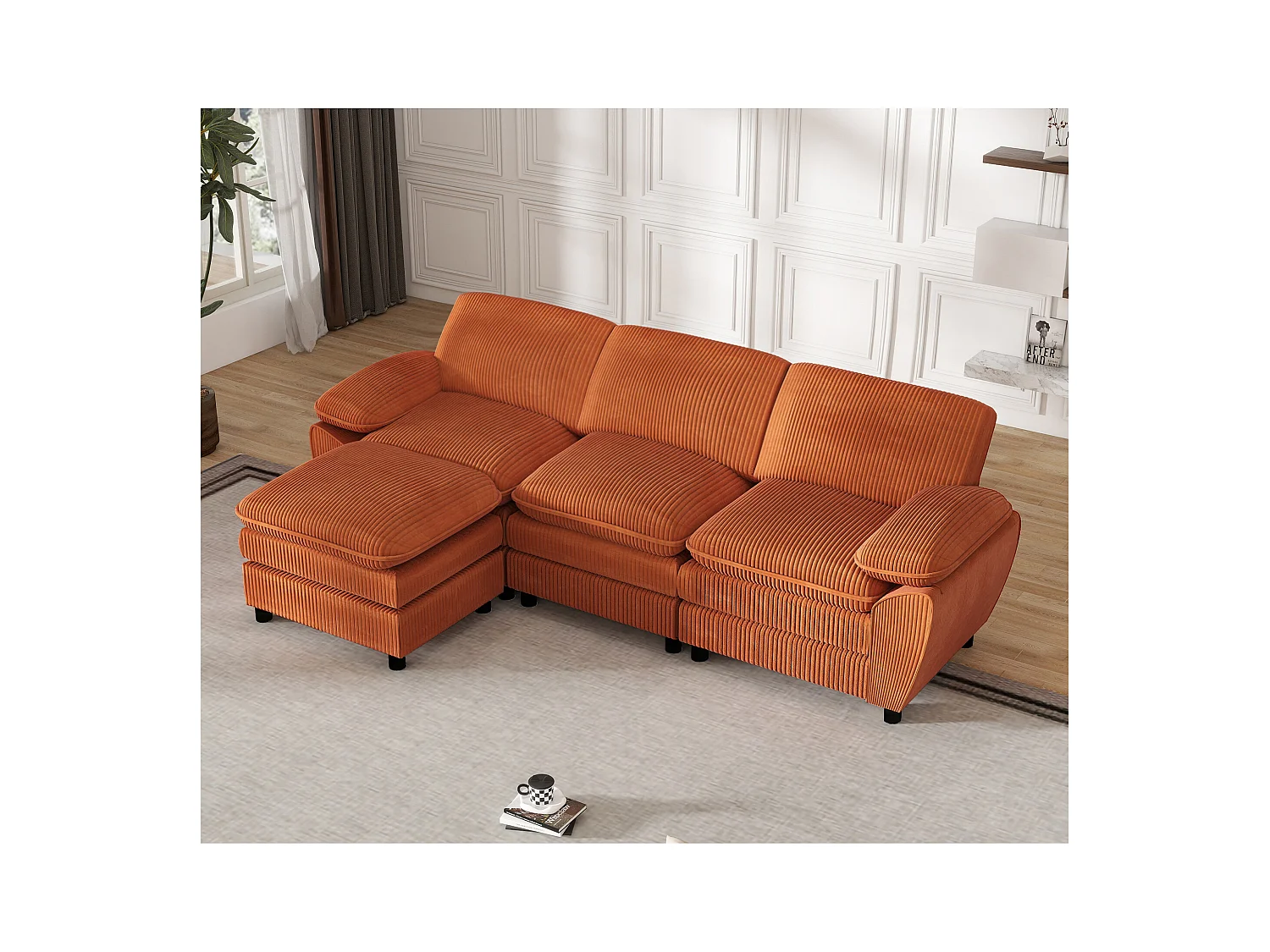 Modulaire bank met dubbele kussens, fluwelen lampen, met afneembare poef, kleur oranje (258x86,1x87,8 cm)