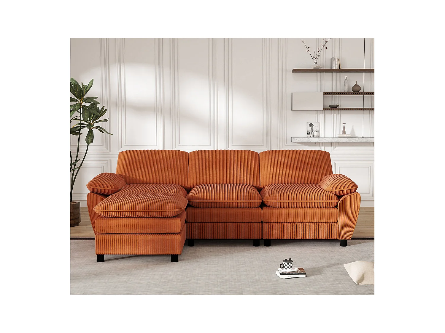 Modulaire bank met dubbele kussens, fluwelen lampen, met afneembare poef, kleur oranje (258x86,1x87,8 cm)