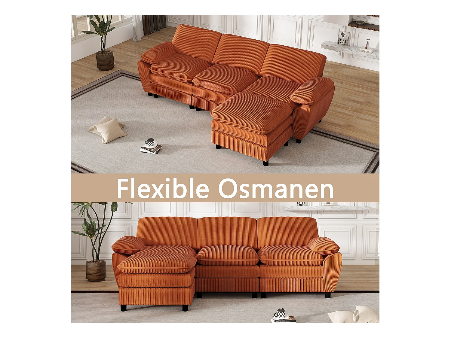 Modulaire bank met dubbele kussens, fluwelen lampen, met afneembare poef, kleur oranje (258x86,1x87,8 cm)