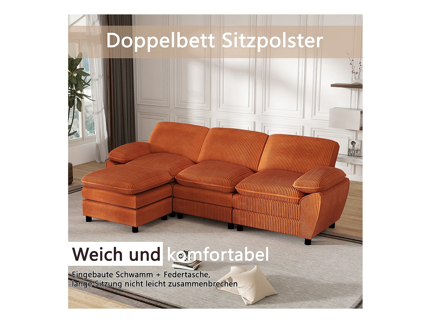 Modulaire bank met dubbele kussens, fluwelen lampen, met afneembare poef, kleur oranje (258x86,1x87,8 cm)