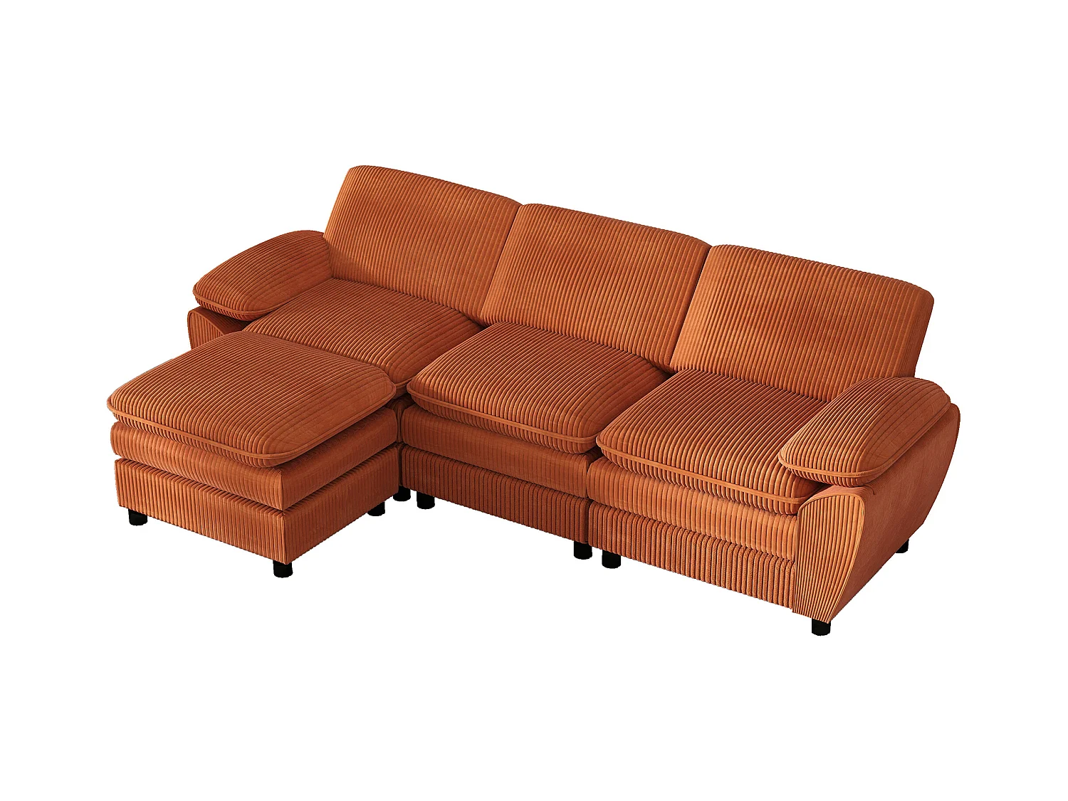 Modulaire bank met dubbele kussens, fluwelen lampen, met afneembare poef, kleur oranje (258x86,1x87,8 cm)