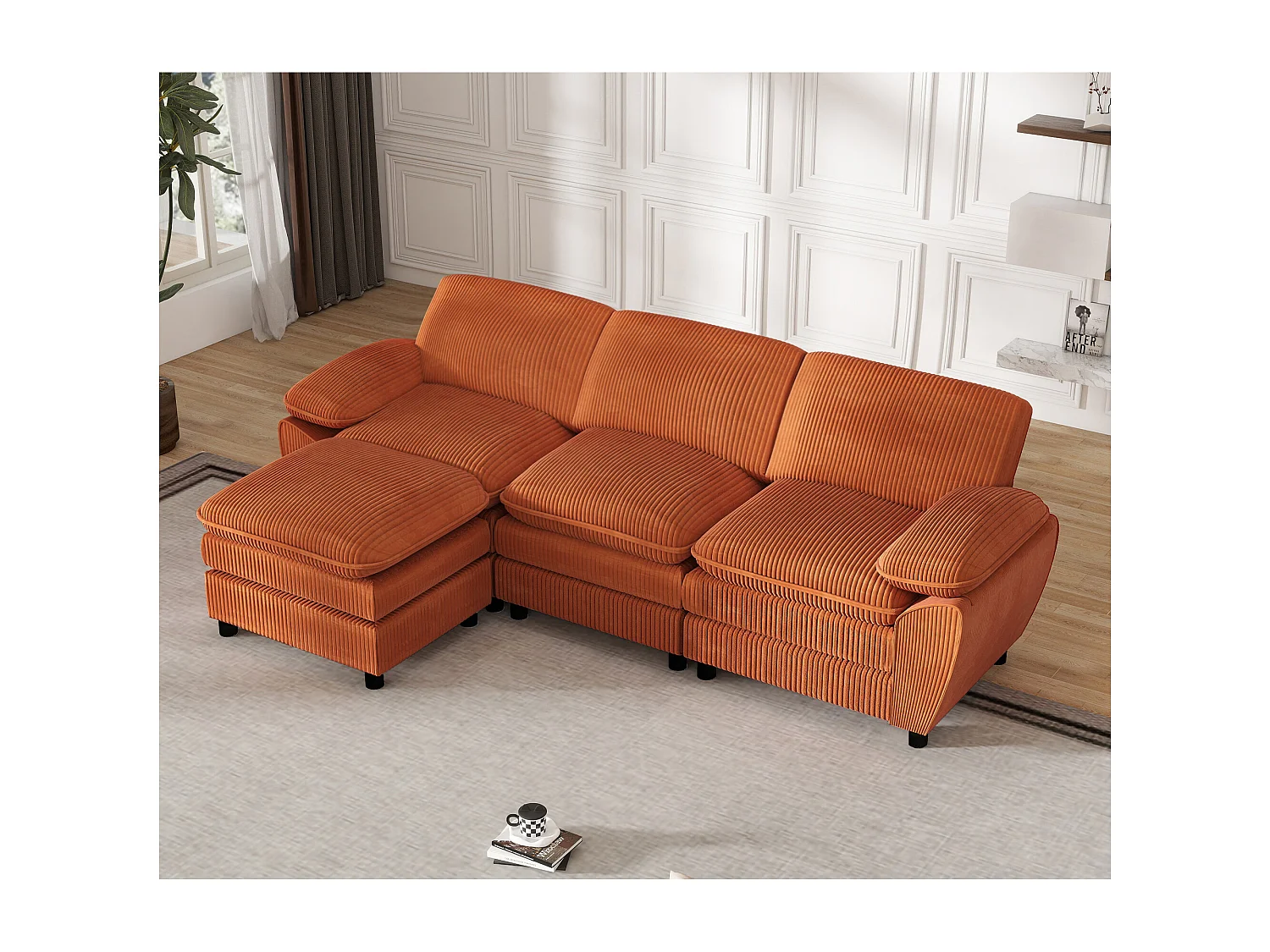 Sofá modular con cojines dobles, lámparas de terciopelo, con puf desenfundable, color naranja (258x86,1x87,8 cm)