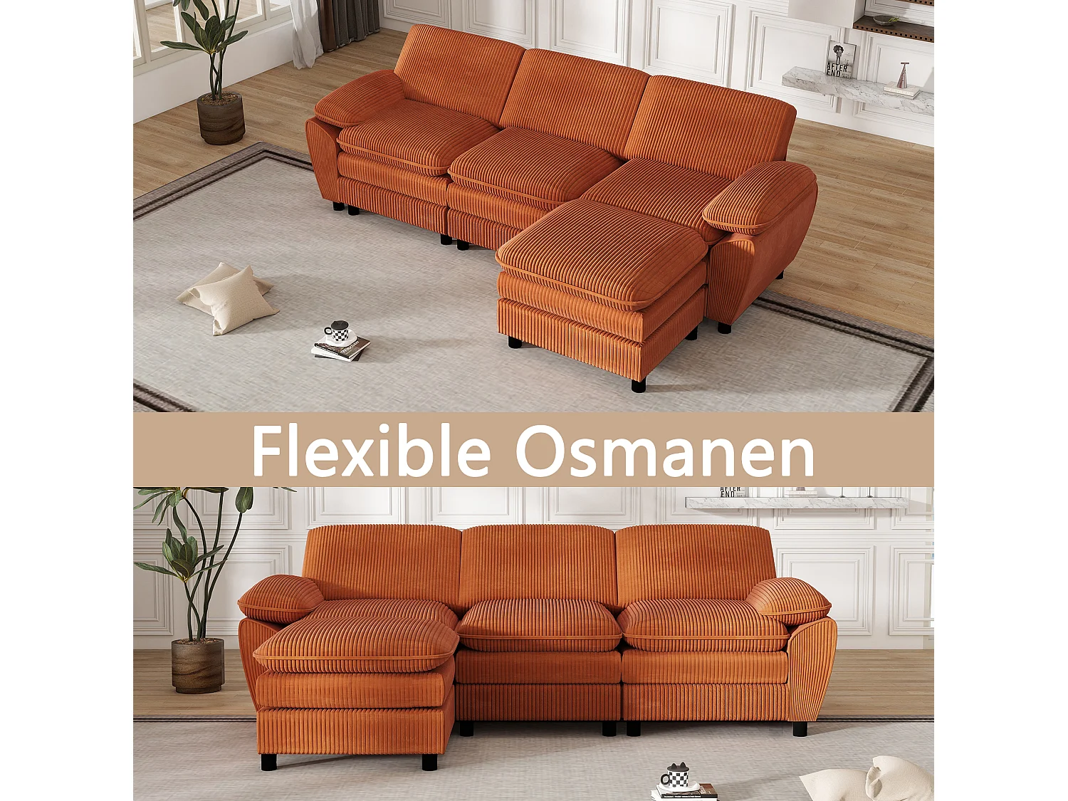 Sofá modular con cojines dobles, lámparas de terciopelo, con puf desenfundable, color naranja (258x86,1x87,8 cm)