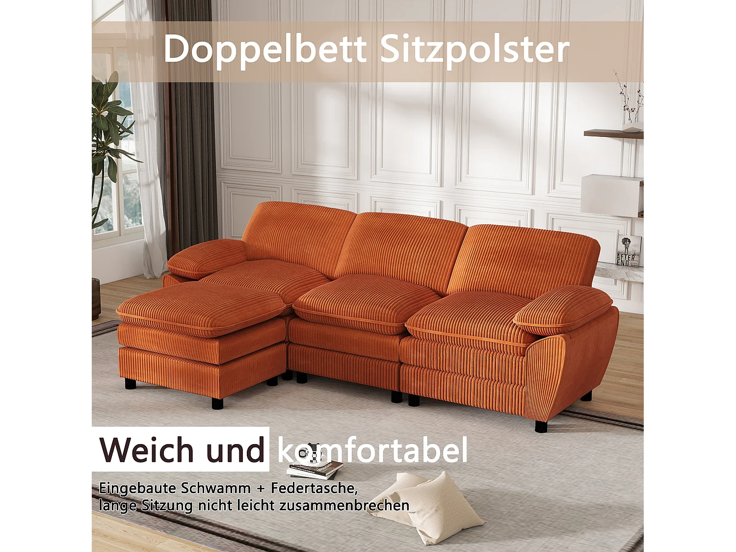 Sofá modular con cojines dobles, lámparas de terciopelo, con puf desenfundable, color naranja (258x86,1x87,8 cm)