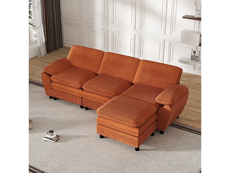 Divano componibile con cuscini doppi, lampade in velluto, con pouf sfoderabile, colore arancio (258x86,1x87,8 cm)