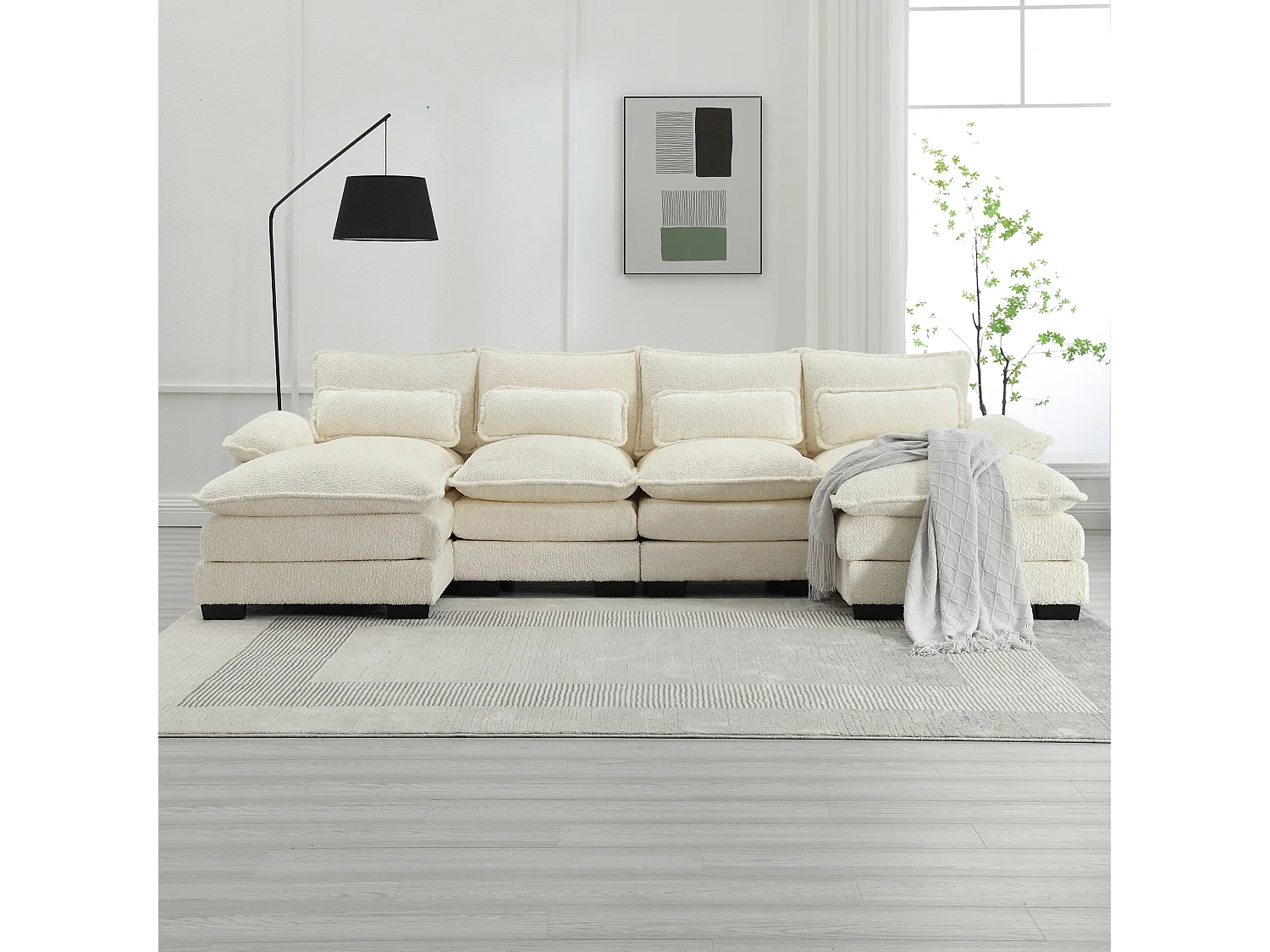 Sofá modular de 4 plazas, en forma de U, cojines lumbares, madera y metal, beige (196 x 99 x 64 cm)