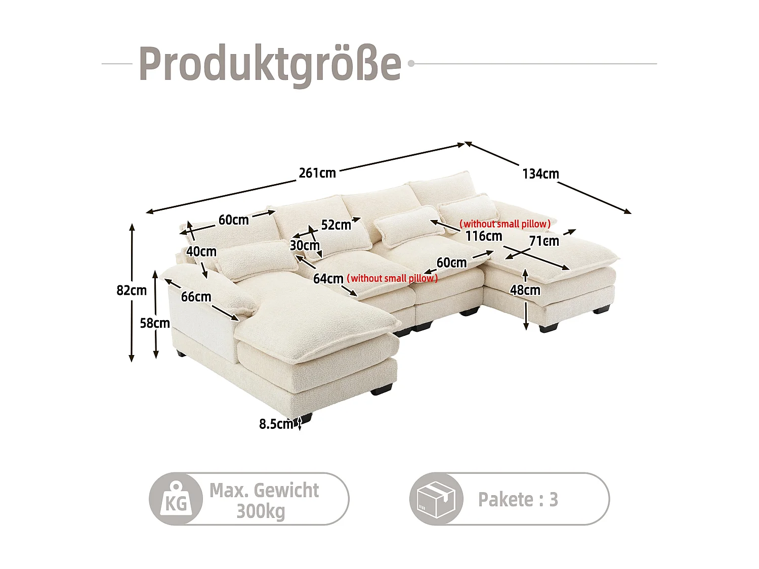 Sofá modular de 4 plazas, en forma de U, cojines lumbares, madera y metal, beige (196 x 99 x 64 cm)