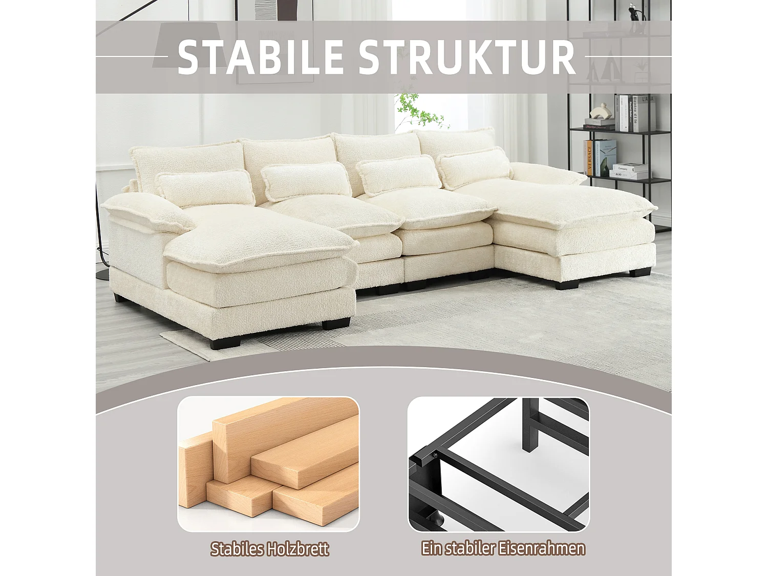 Sofá modular de 4 plazas, en forma de U, cojines lumbares, madera y metal, beige (196 x 99 x 64 cm)