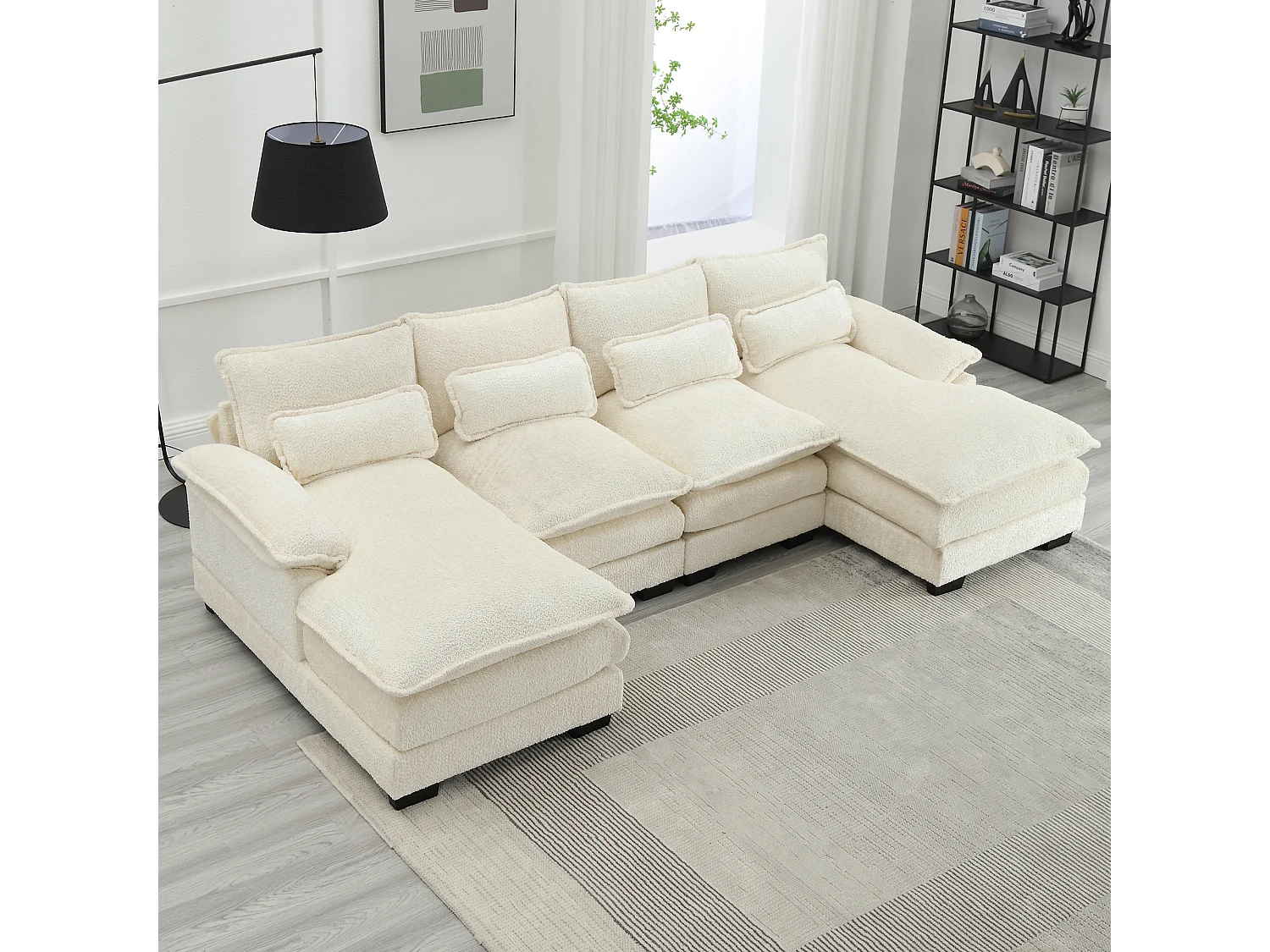Sofá modular de 4 plazas, en forma de U, cojines lumbares, madera y metal, beige (196 x 99 x 64 cm)