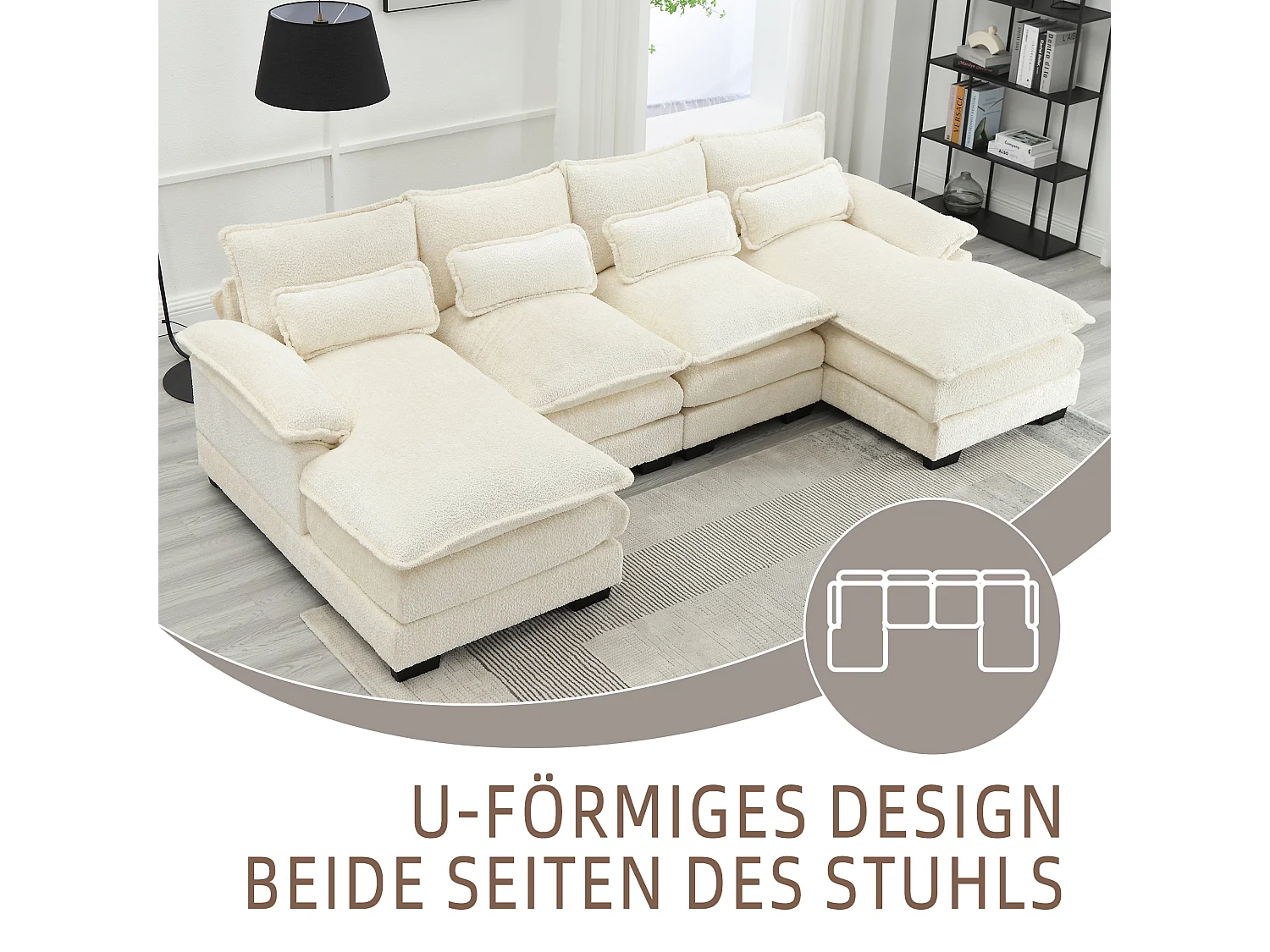 Sofá modular de 4 plazas, en forma de U, cojines lumbares, madera y metal, beige (196 x 99 x 64 cm)