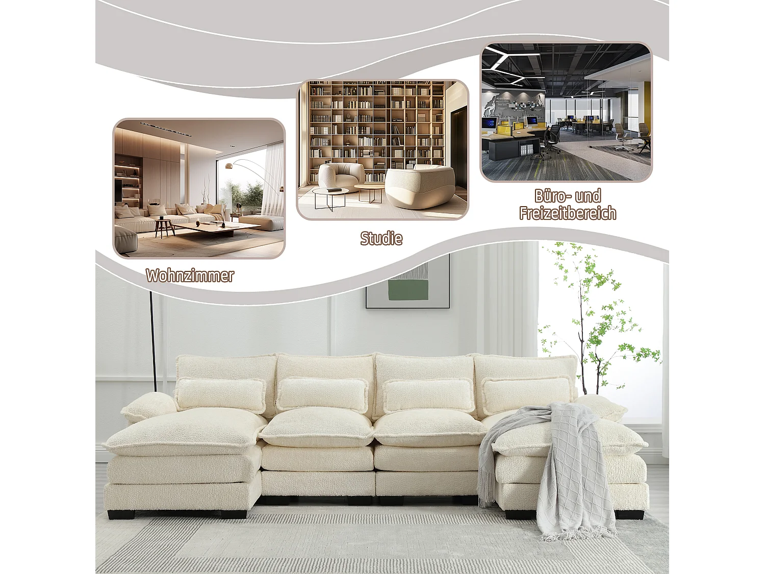Sofá modular de 4 plazas, en forma de U, cojines lumbares, madera y metal, beige (196 x 99 x 64 cm)