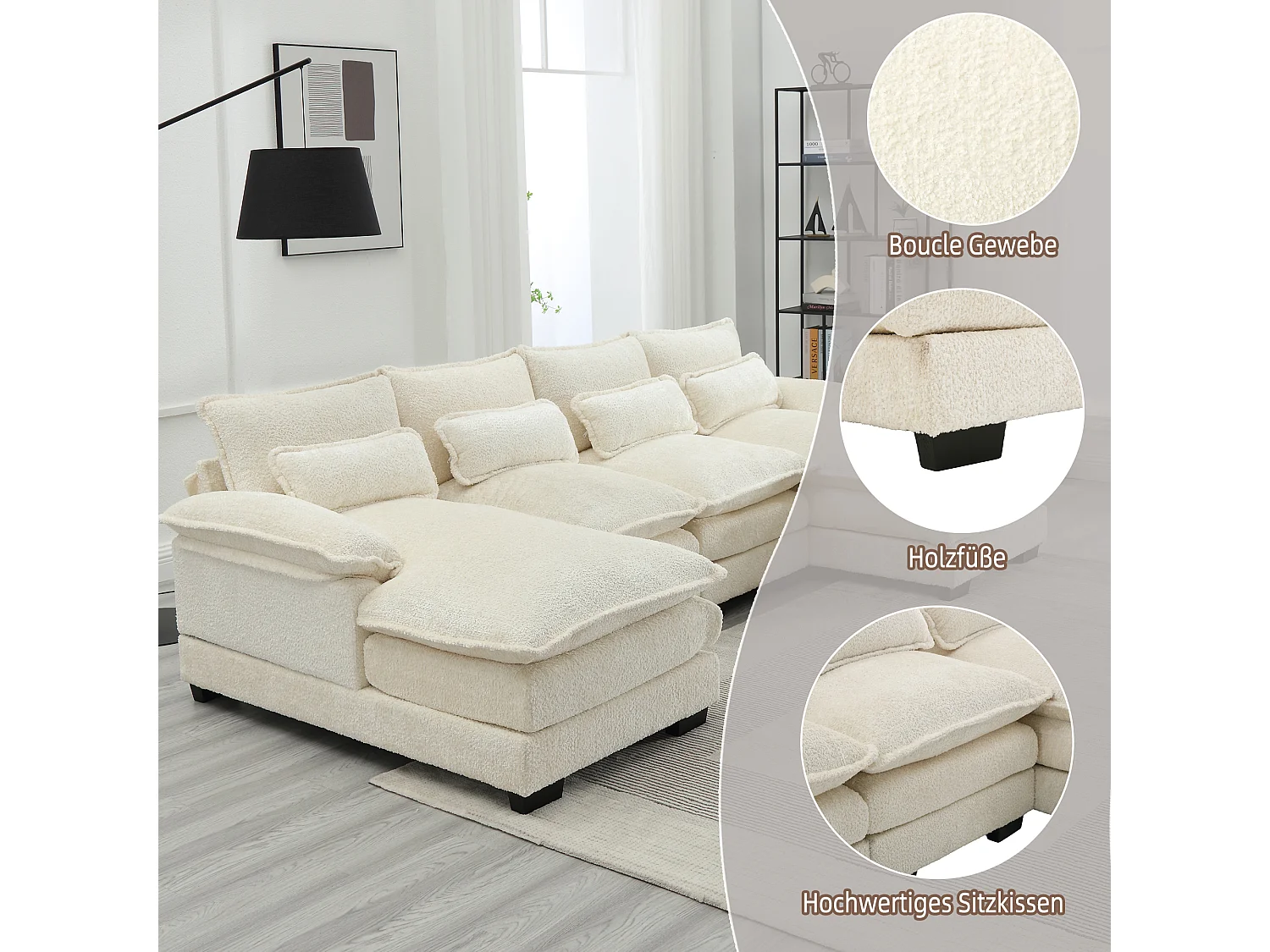 Sofá modular de 4 plazas, en forma de U, cojines lumbares, madera y metal, beige (196 x 99 x 64 cm)
