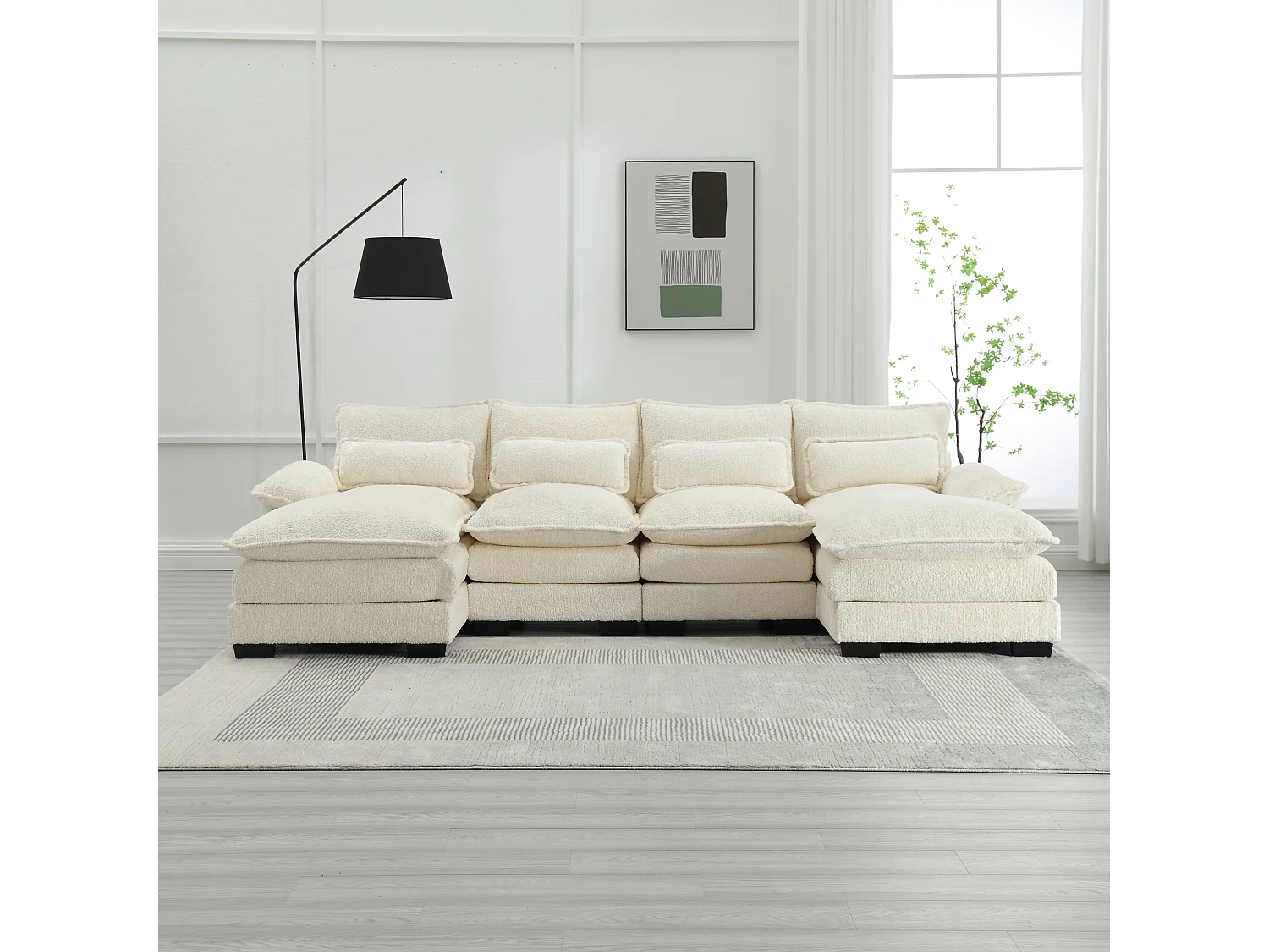 Sofá modular de 4 plazas, en forma de U, cojines lumbares, madera y metal, beige (196 x 99 x 64 cm)