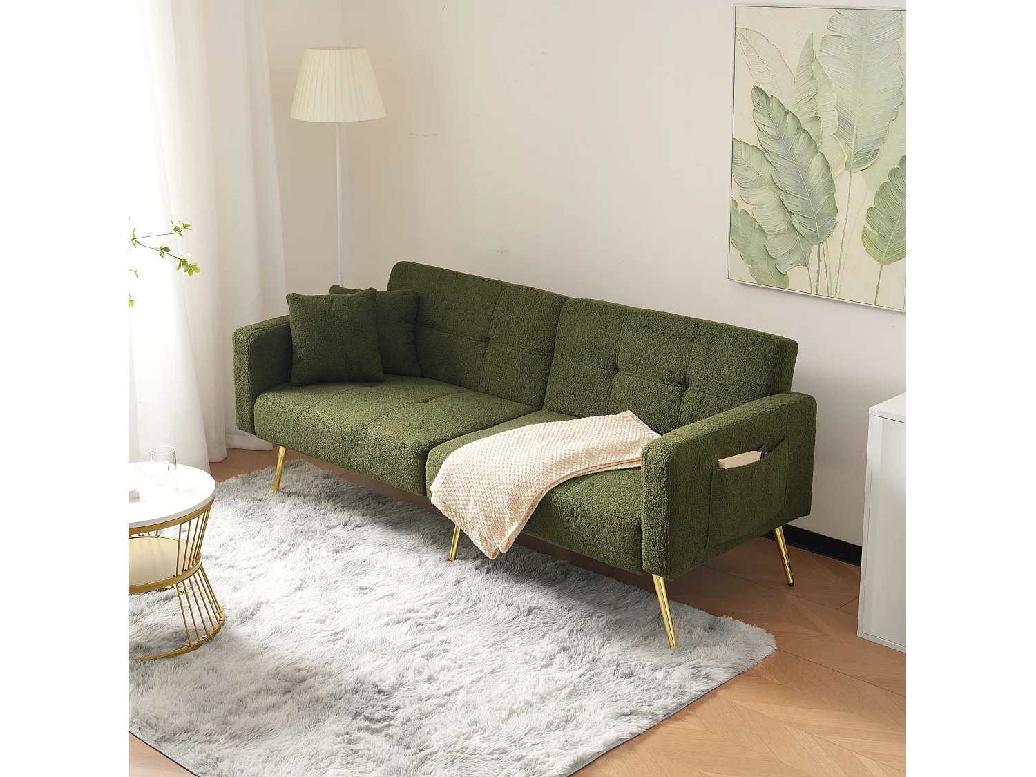 Slaapbank met bedfunctie, verstelbare rugleuning, gouden poten, met kussens en opbergvakken aan de zijkant (175x64x72 cm)