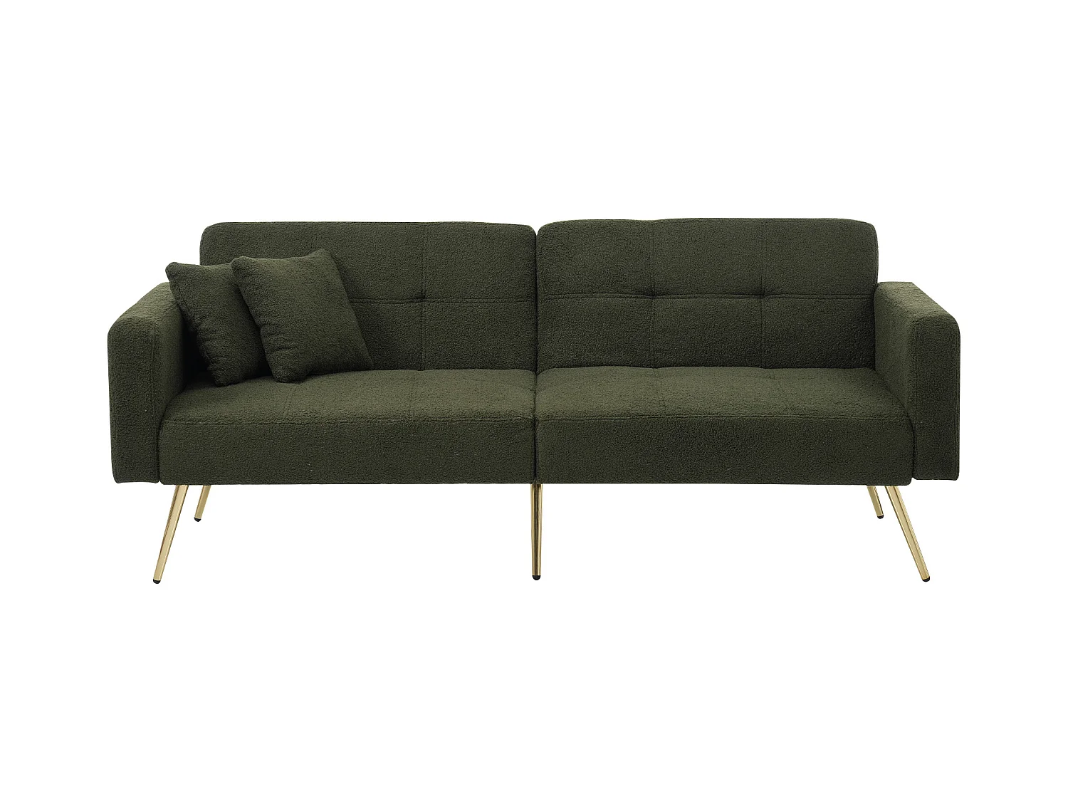 Canapé convertible avec fonction lit, dossier inclinable, pieds dorés, avec coussins et poches latérales de rangement (175x64x72 cm)