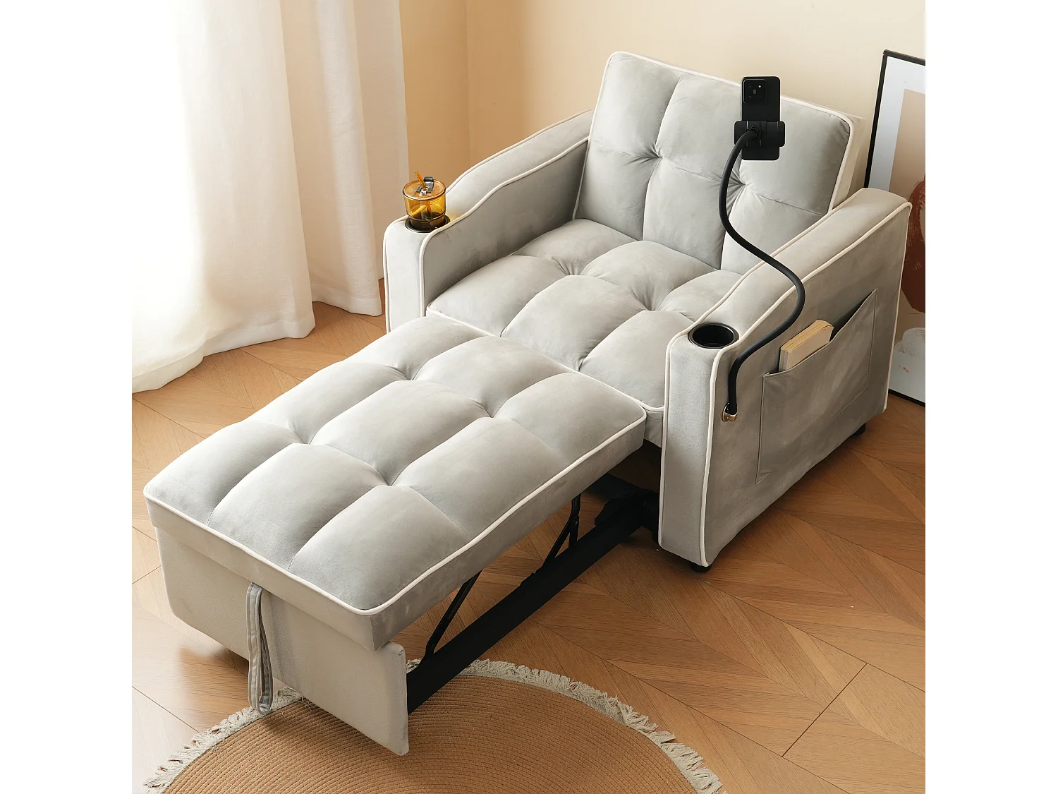 Canapé convertible 3-en-1 avec porte-gobelets et support de téléphone, en velours, gris antique (83x167x76 cm)