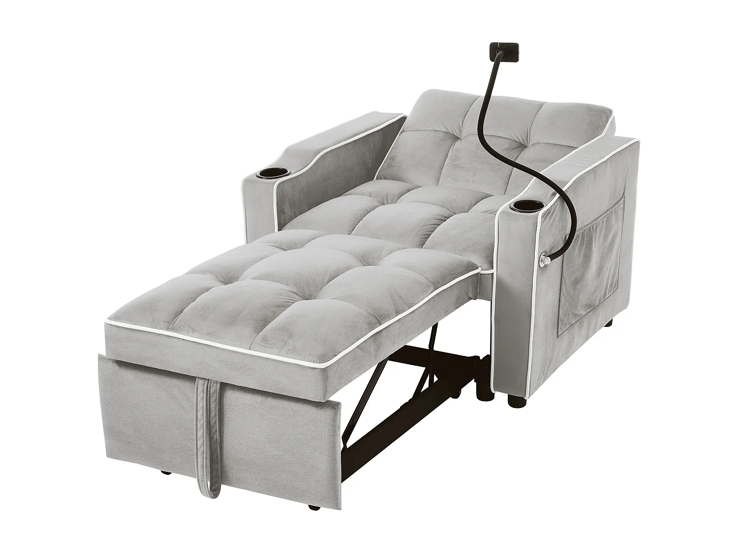 Canapé convertible 3-en-1 avec porte-gobelets et support de téléphone, en velours, gris antique (83x167x76 cm)