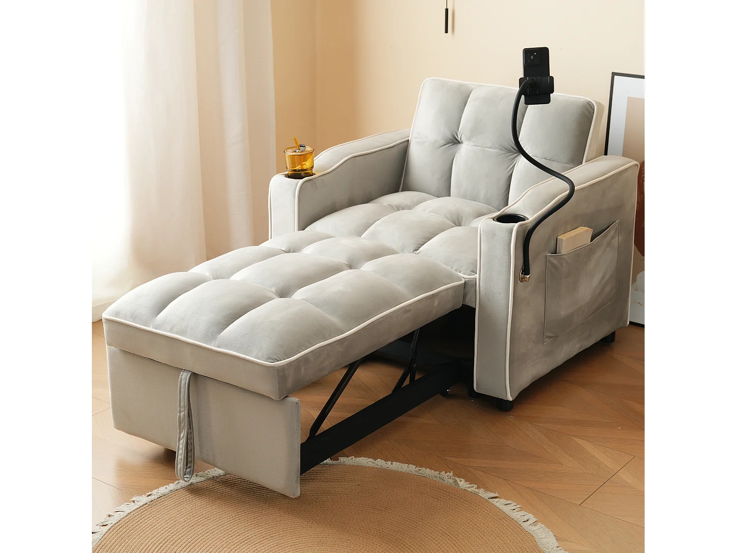 Canapé convertible 3-en-1 avec porte-gobelets et support de téléphone, en velours, gris antique (83x167x76 cm)