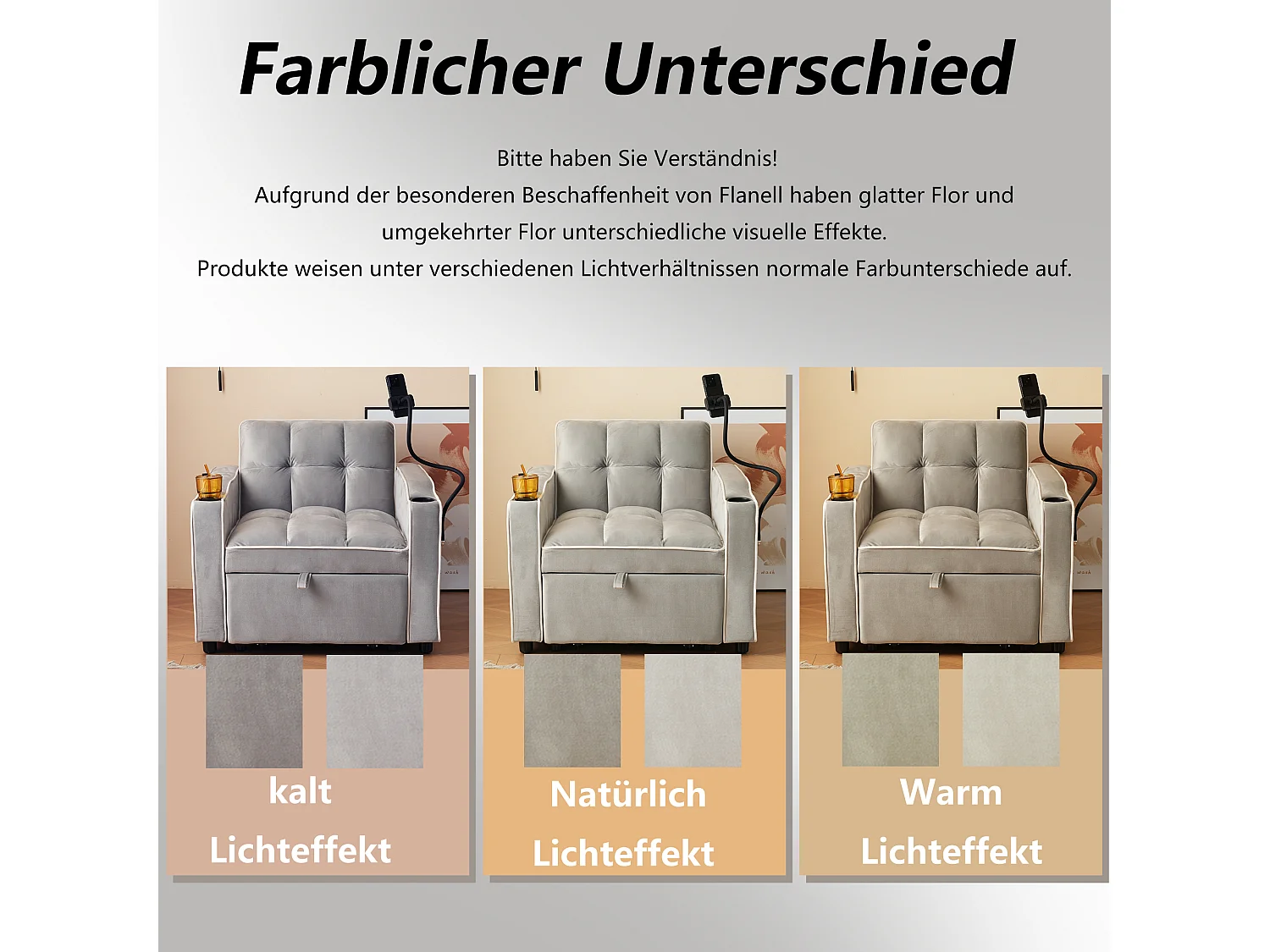 Canapé convertible 3-en-1 avec porte-gobelets et support de téléphone, en velours, gris antique (83x167x76 cm)