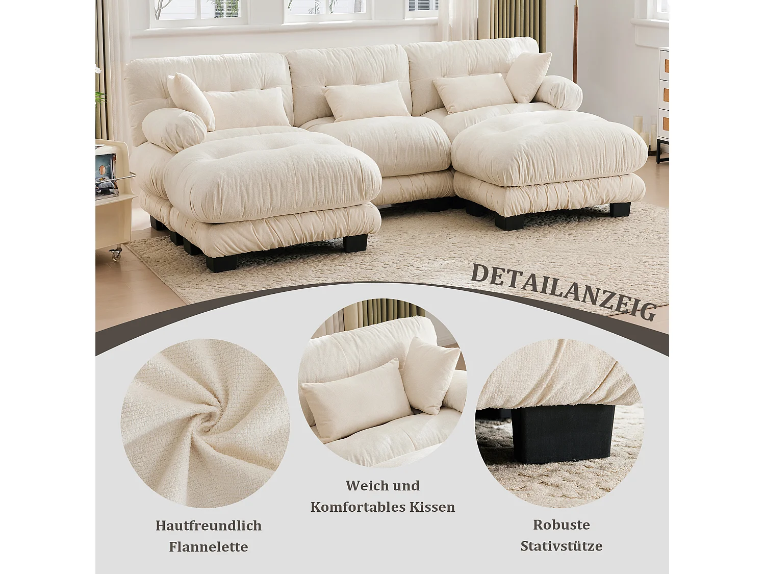Divano componibile 5 posti, design ergonomico, velluto, memory foam, beige (300x143x80 cm)