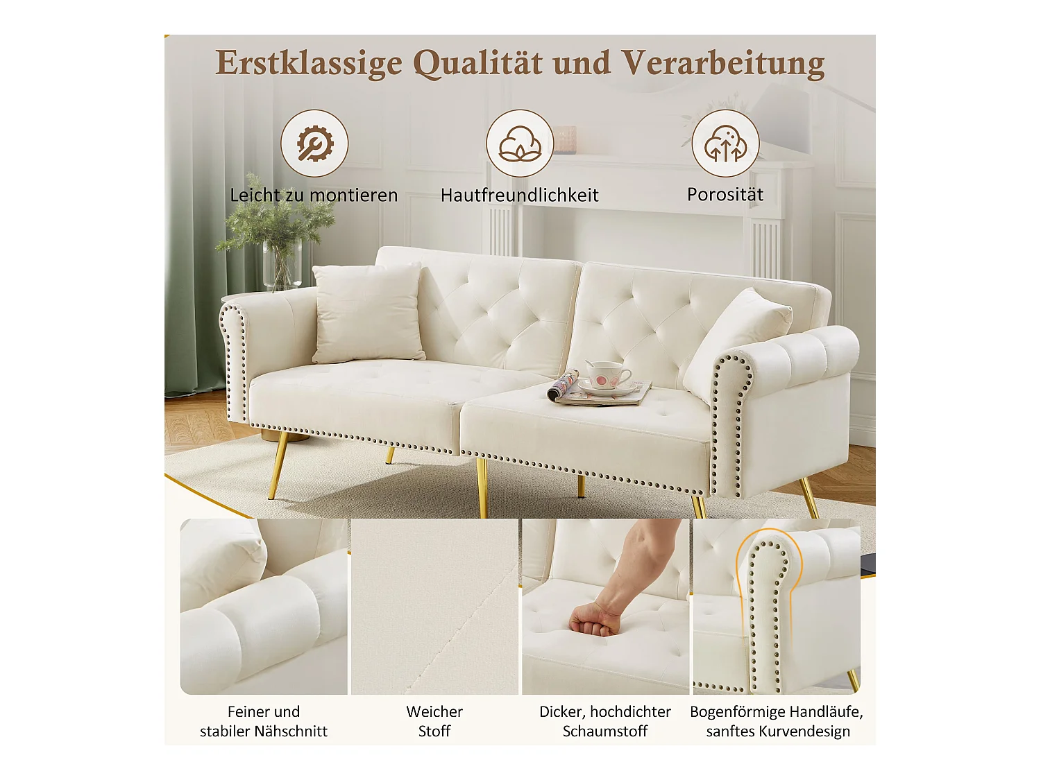 Canapé convertible 2 places, en velours, avec dossier réglable sur 3 niveaux, pieds métalliques dorés, fonction lit, beige (173x75x70 cm)