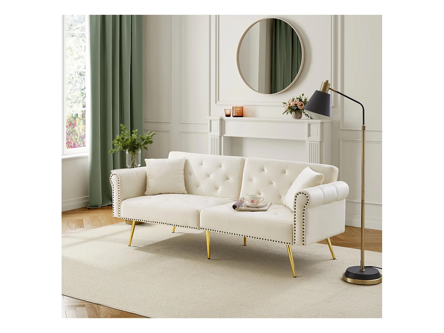 Canapé convertible 2 places, en velours, avec dossier réglable sur 3 niveaux, pieds métalliques dorés, fonction lit, beige (173x75x70 cm)