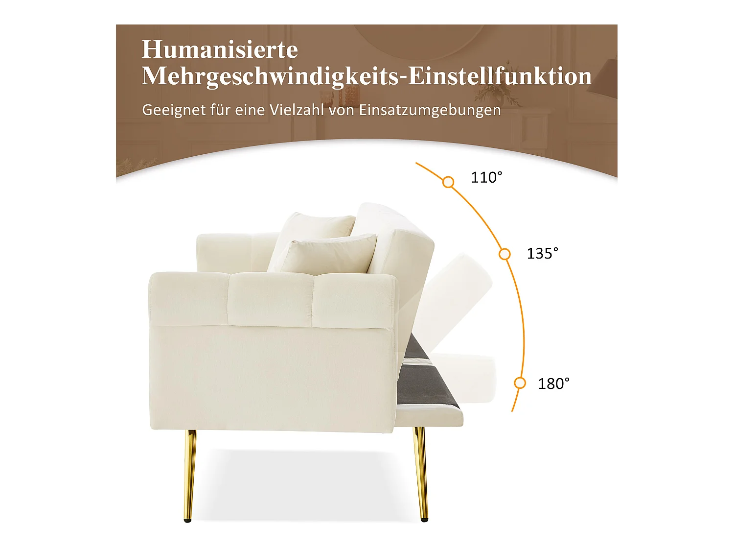 Canapé convertible 2 places, en velours, avec dossier réglable sur 3 niveaux, pieds métalliques dorés, fonction lit, beige (173x75x70 cm)