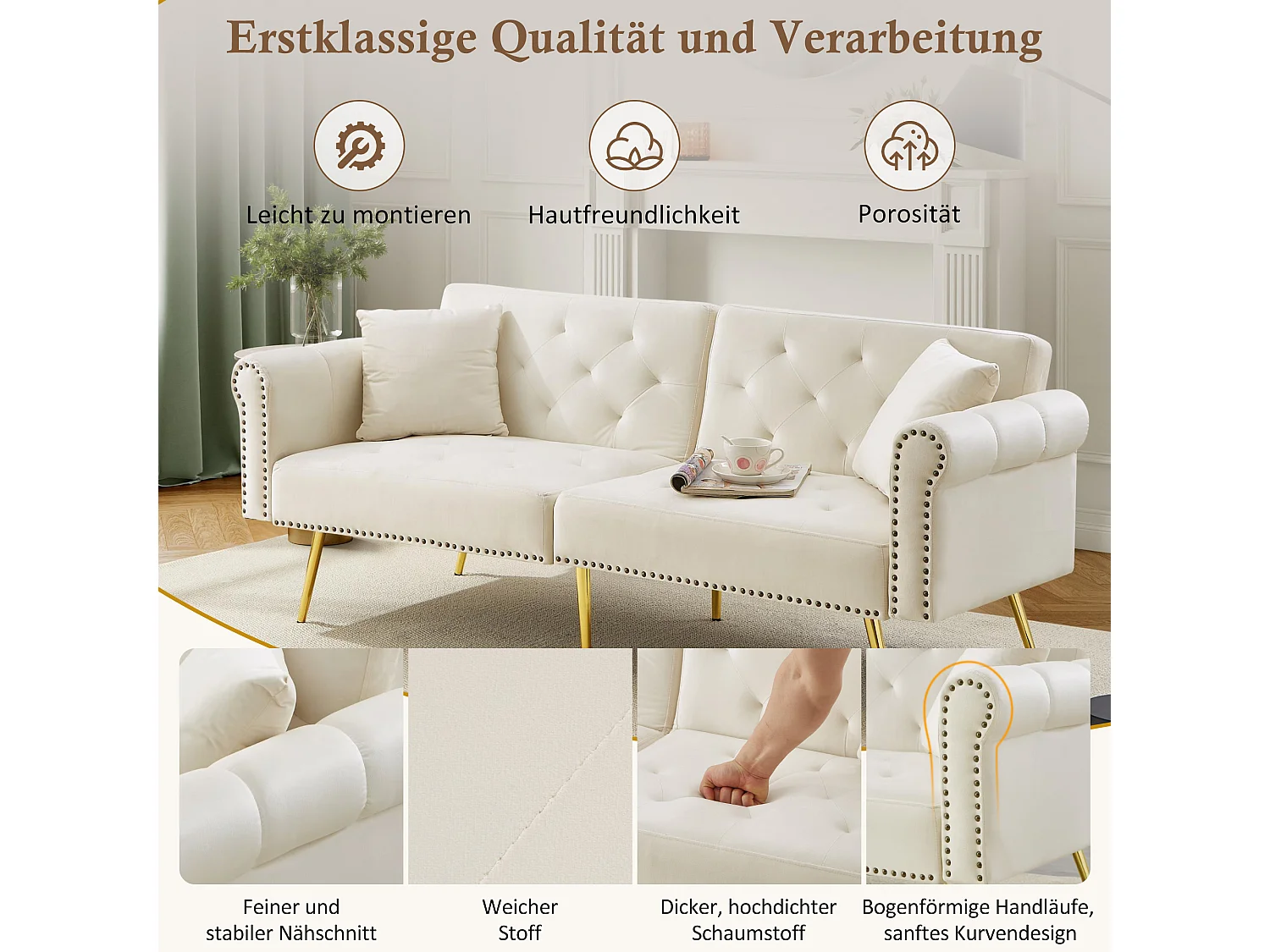 Divano letto a 2 posti, in velluto, con schienale regolabile su 3 livelli, gambe in metallo dorato, funzione letto, beige (173x75x70 cm)