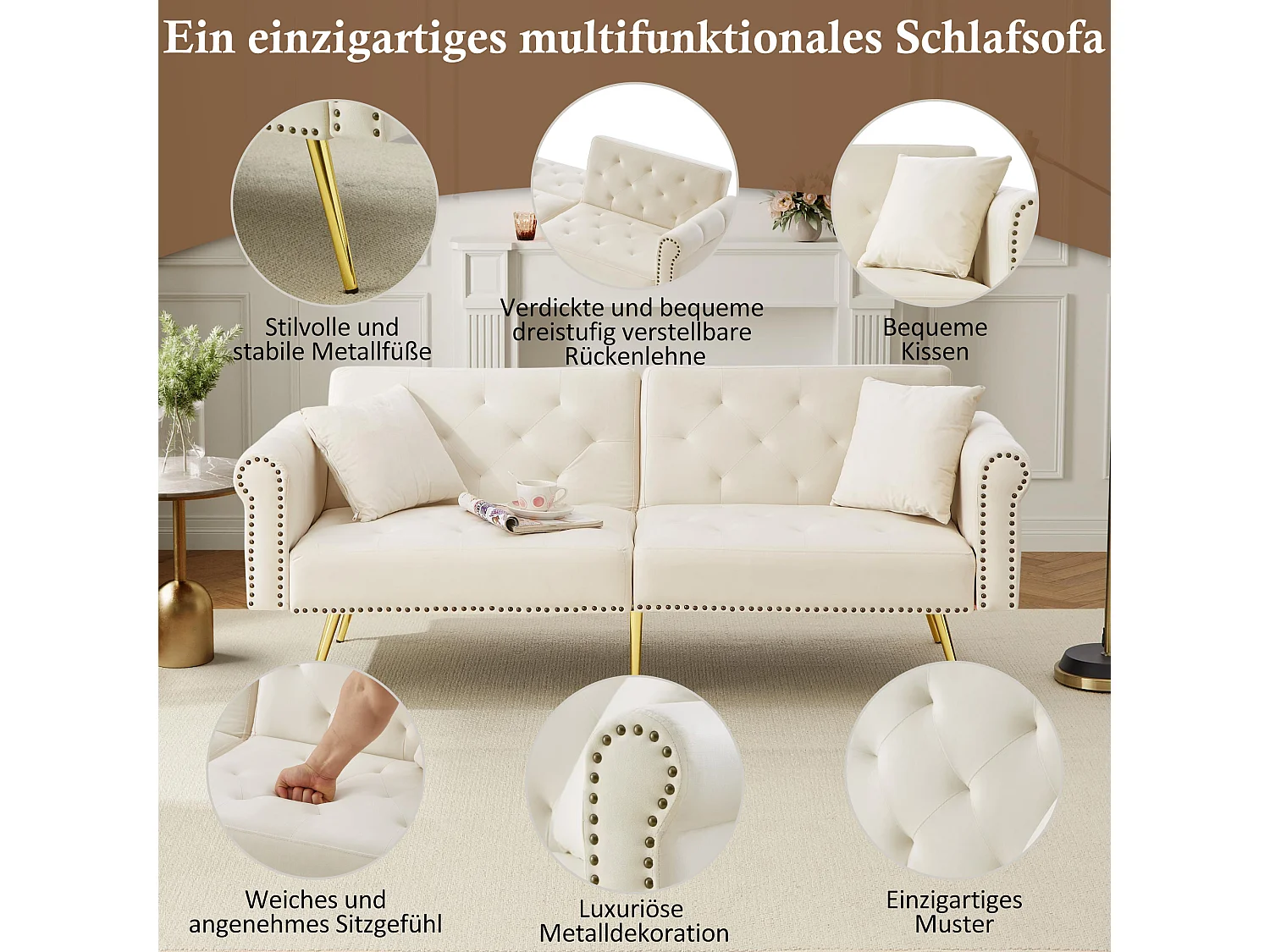 Divano letto a 2 posti, in velluto, con schienale regolabile su 3 livelli, gambe in metallo dorato, funzione letto, beige (173x75x70 cm)