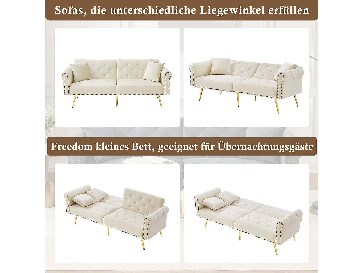 Divano letto a 2 posti, in velluto, con schienale regolabile su 3 livelli, gambe in metallo dorato, funzione letto, beige (173x75x70 cm)