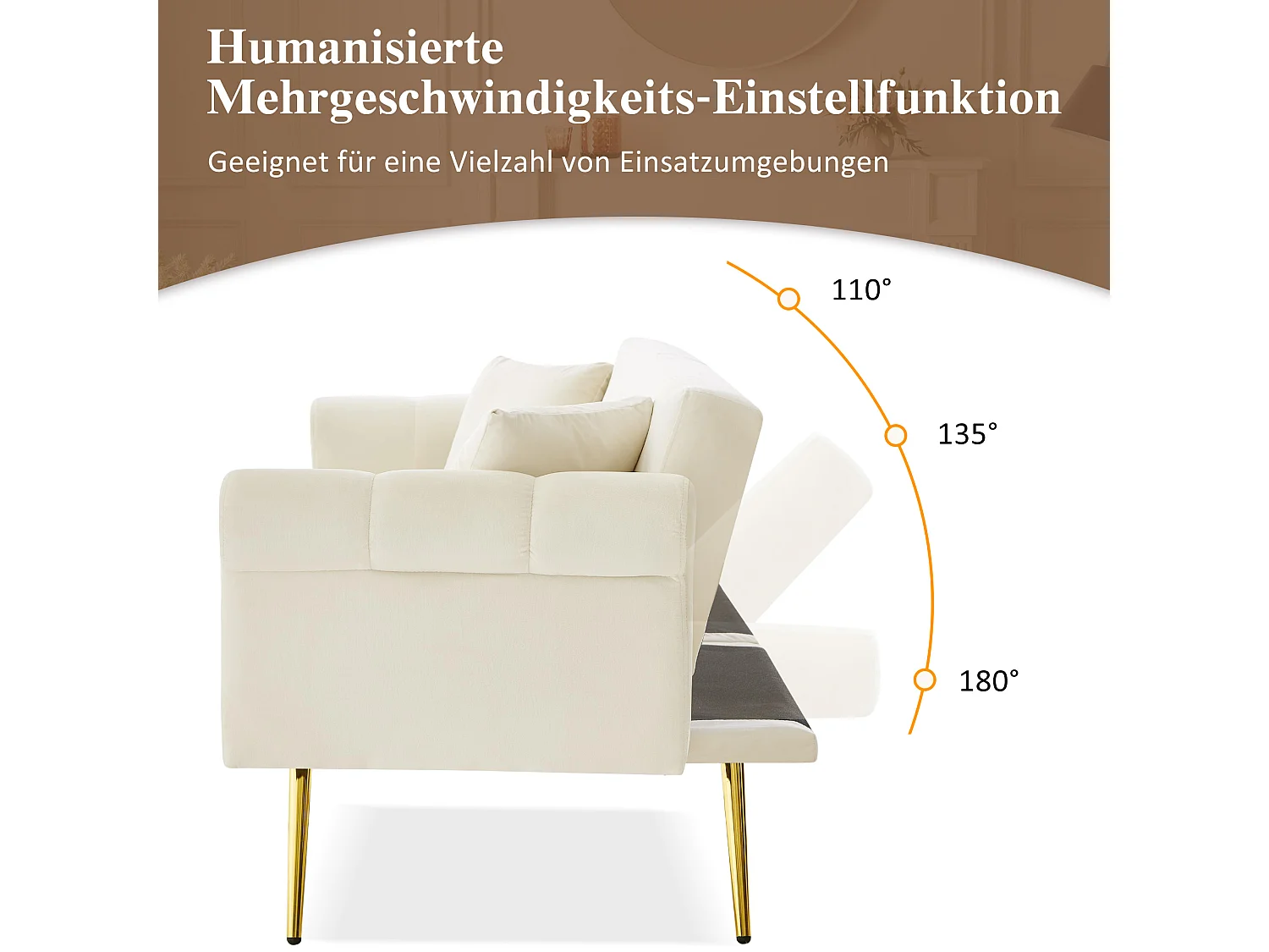 Divano letto a 2 posti, in velluto, con schienale regolabile su 3 livelli, gambe in metallo dorato, funzione letto, beige (173x75x70 cm)