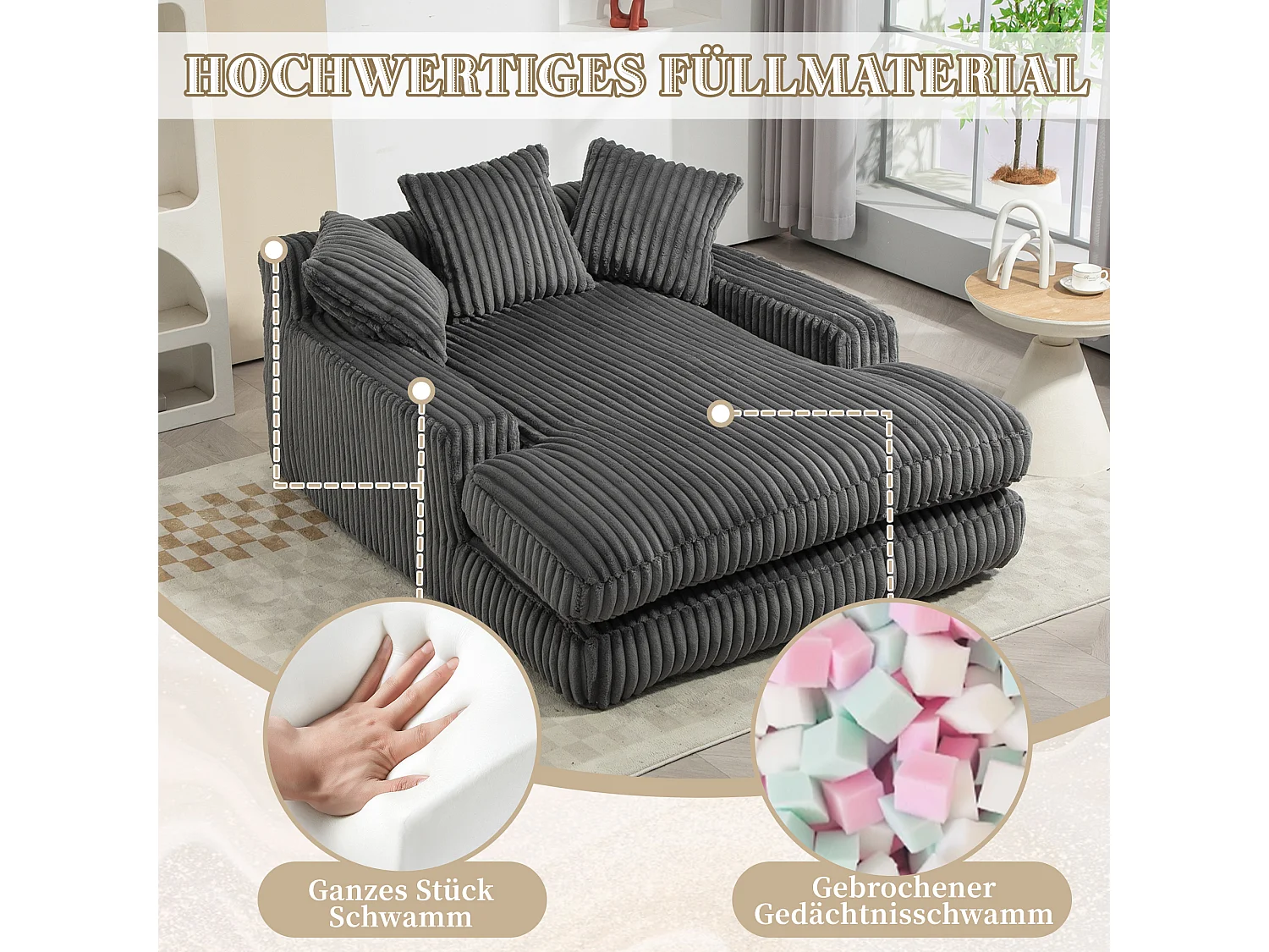 Canapé-lit moderne en velours côtelé, canapé nuage avec 3 coussins,  pour salon, chambre et bureau (Gris foncé) (125x155x63 cm)