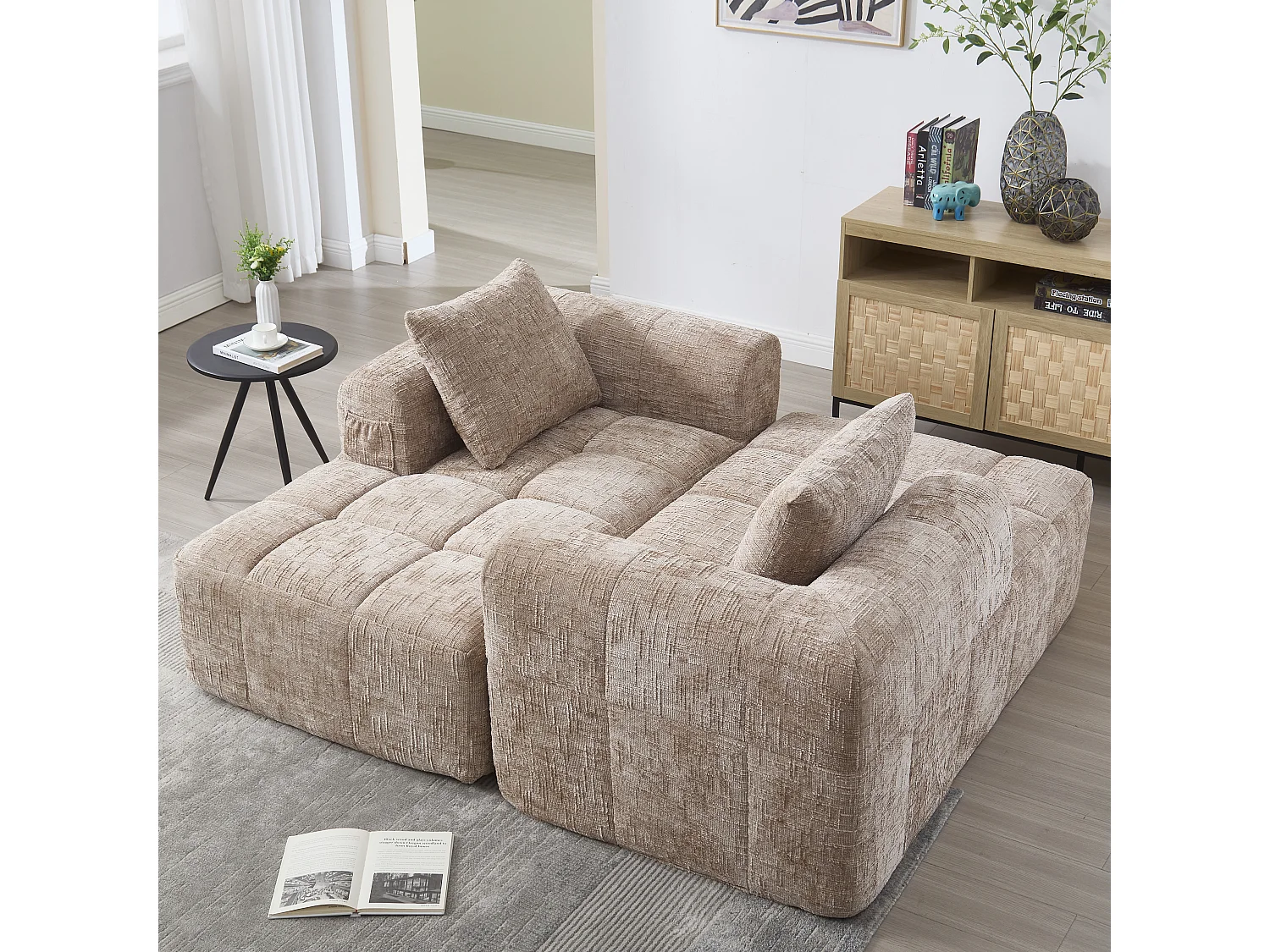 Canapé Sectionnel Moderne avec Chaiselongue, 3 places, design en velours, beige