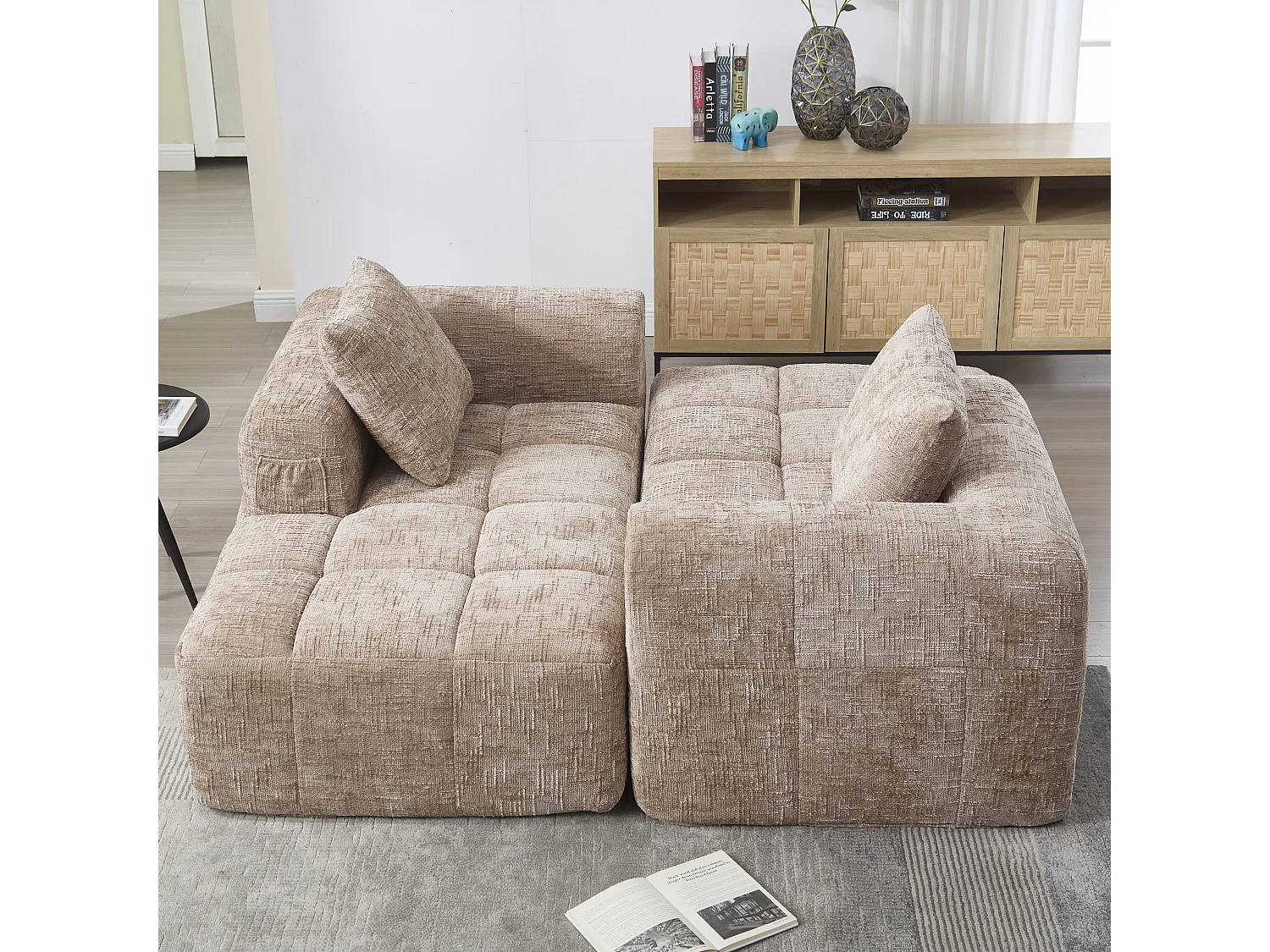 Canapé Sectionnel Moderne avec Chaiselongue, 3 places, design en velours, beige