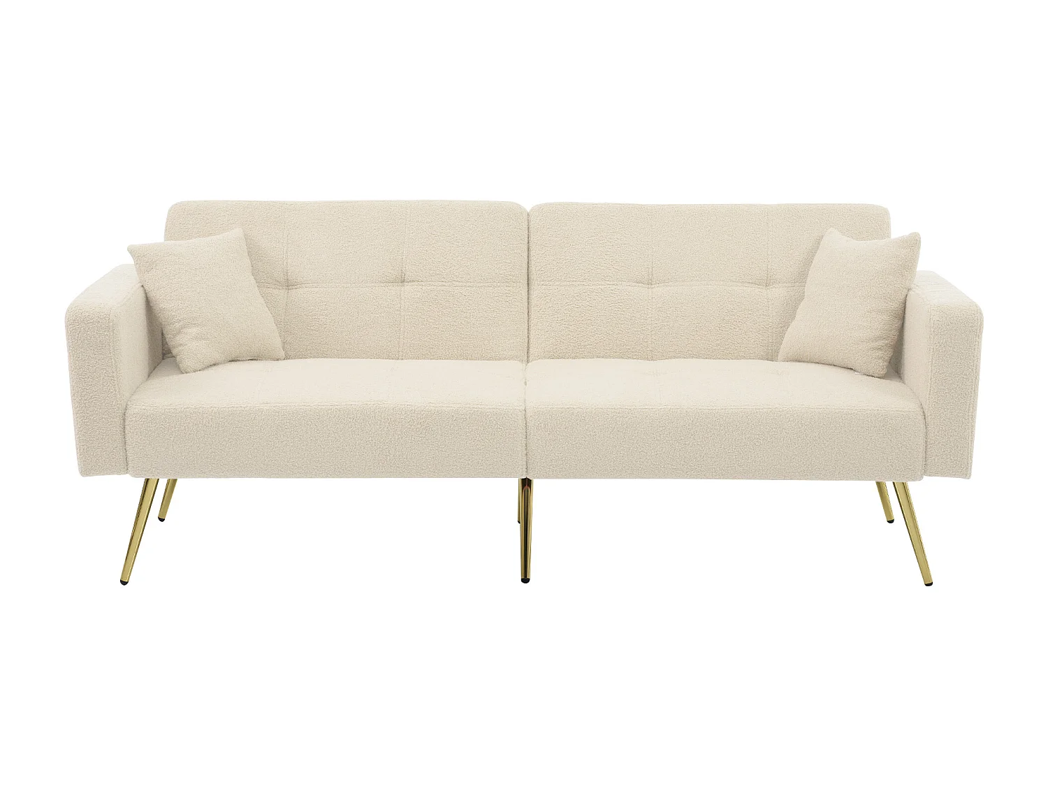 Canapé convertible avec fonction lit, angle réglable, pieds dorés, avec coussins et poches latérales (175x64x72 cm)