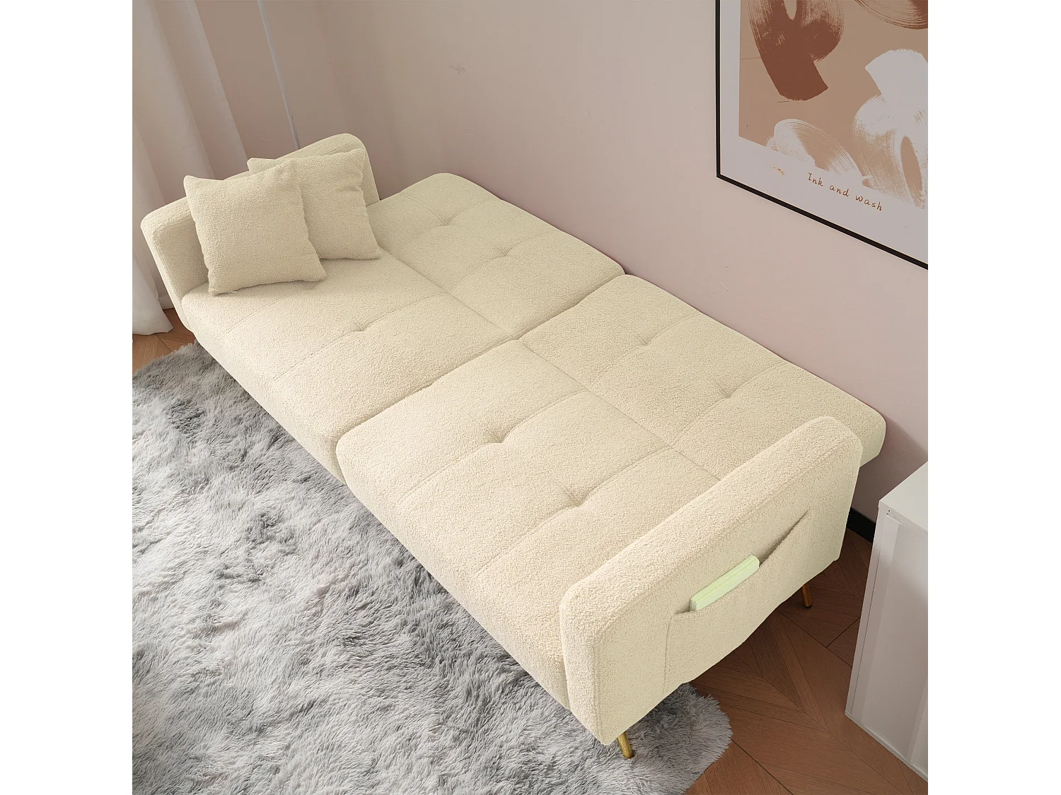 Canapé convertible avec fonction lit, angle réglable, pieds dorés, avec coussins et poches latérales (175x64x72 cm)