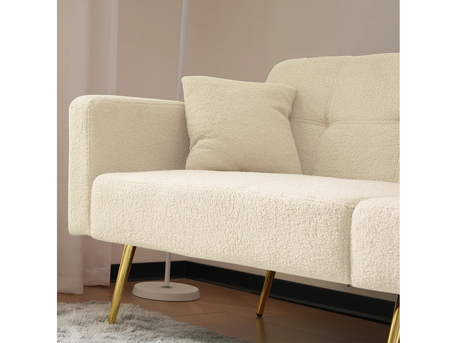 Canapé convertible avec fonction lit, angle réglable, pieds dorés, avec coussins et poches latérales (175x64x72 cm)