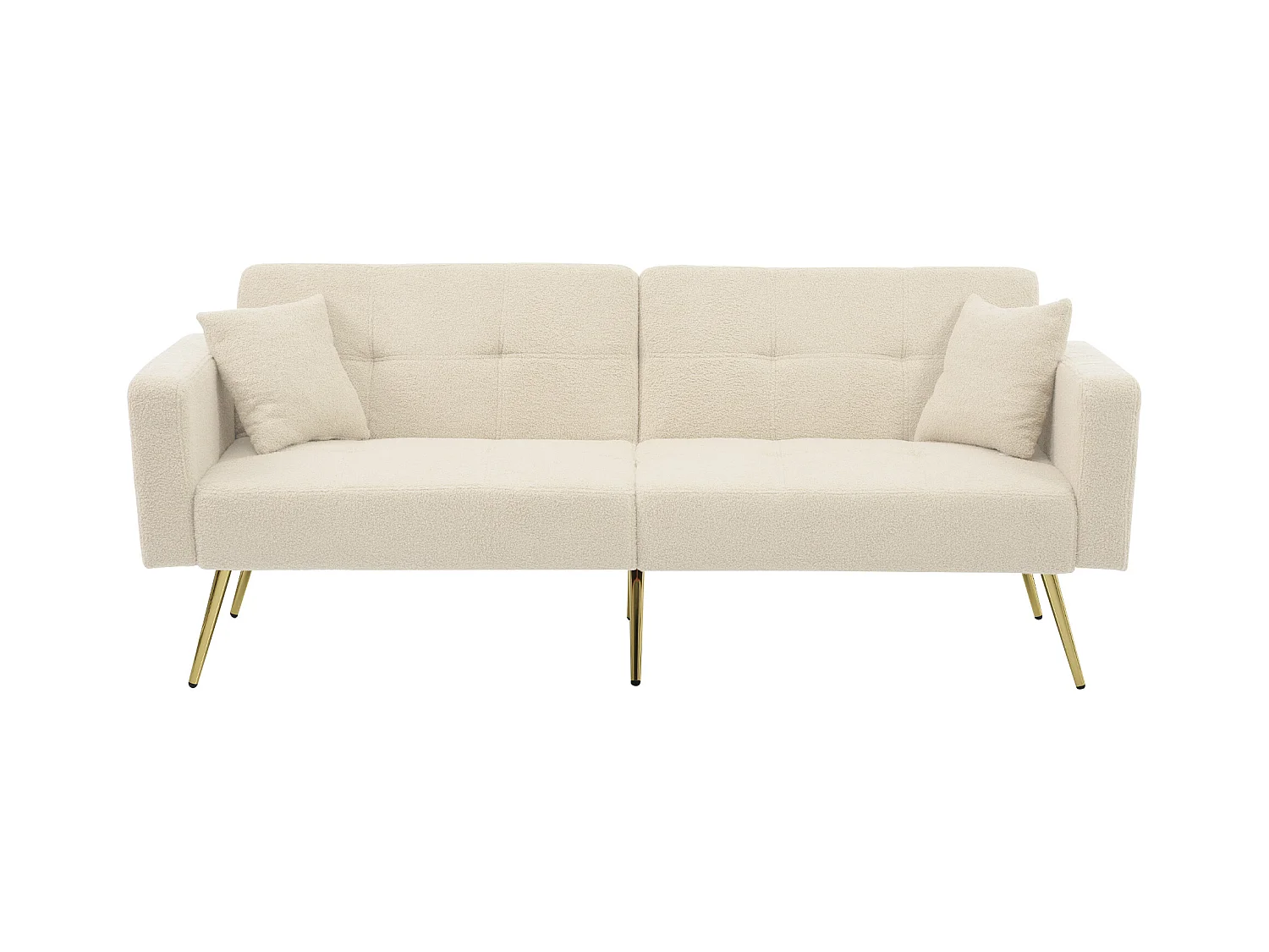 Canapé convertible avec fonction lit, angle réglable, pieds dorés, avec coussins et poches latérales (175x64x72 cm)