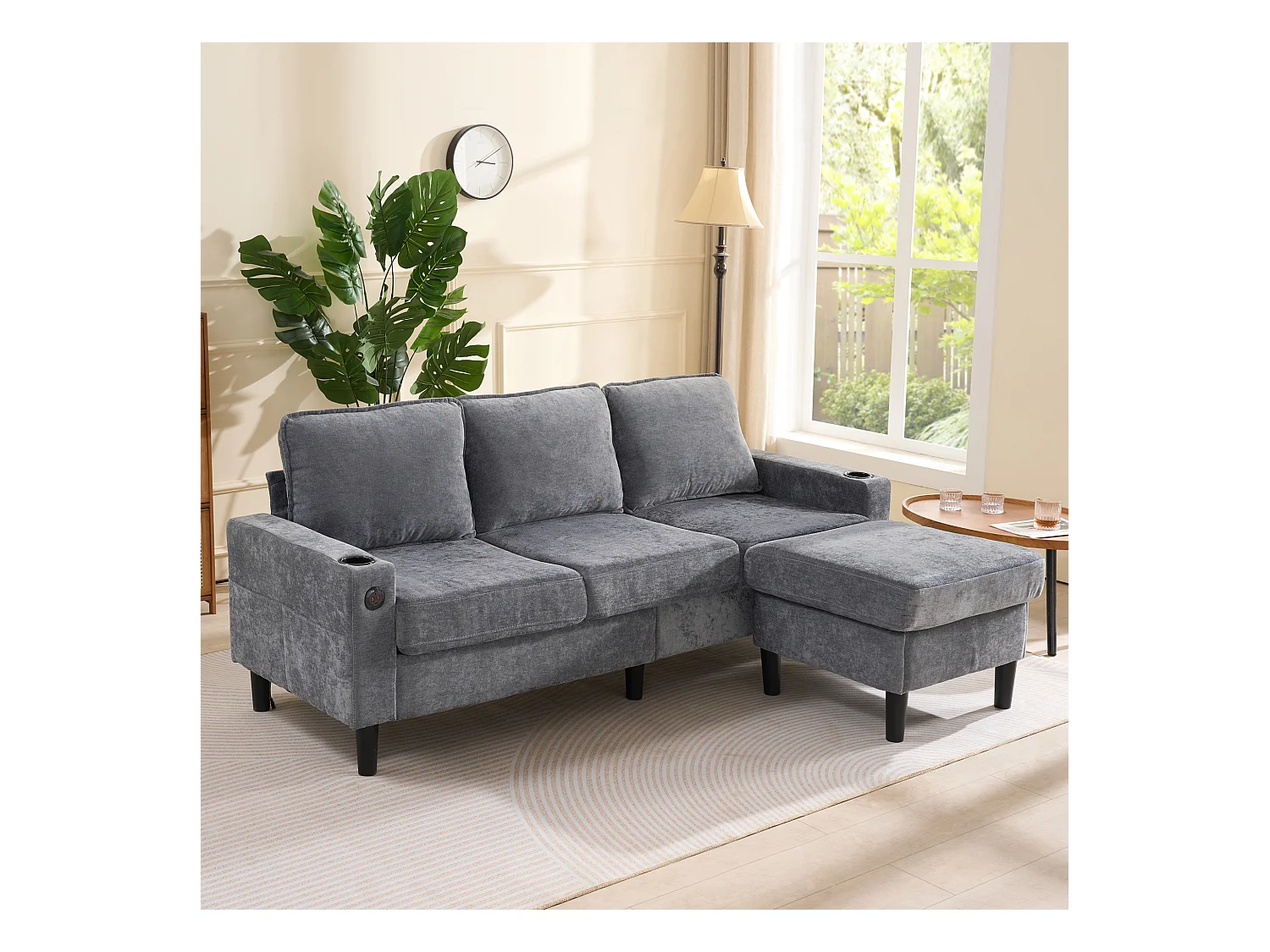 Canapé d'angle avec ports USB et Type-C, canapé 3 places avec porte-gobelets, en lin gris (202x137x80 cm)