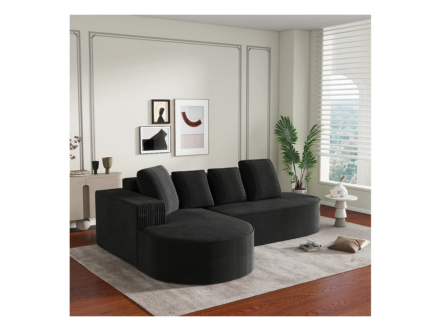Modulaire bank met L-vormige relaxfauteuils, modern design, fluwelen stof, grijs en goud, (265x67x40,5 cm)