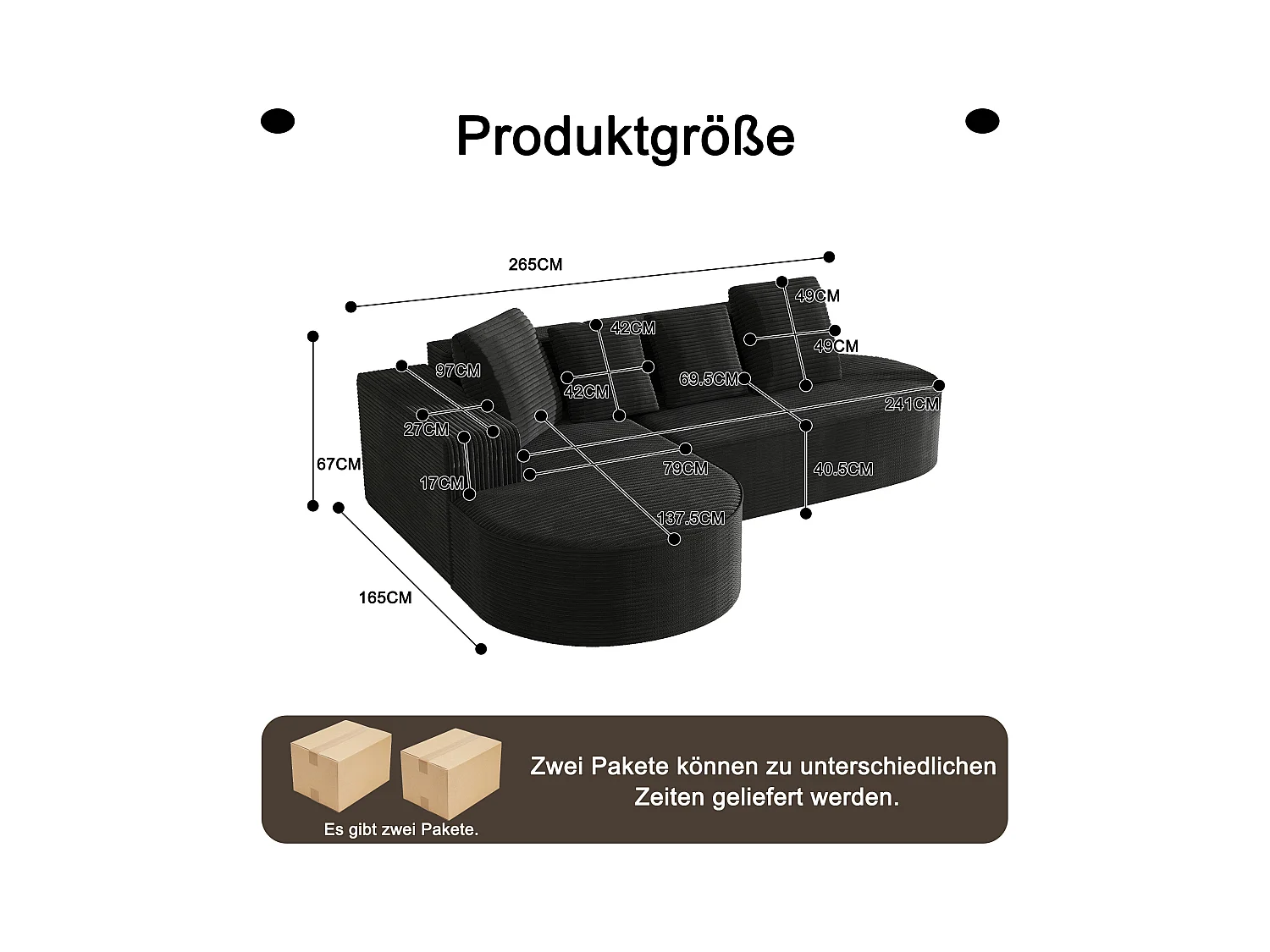 Modulaire bank met L-vormige relaxfauteuils, modern design, fluwelen stof, grijs en goud, (265x67x40,5 cm)