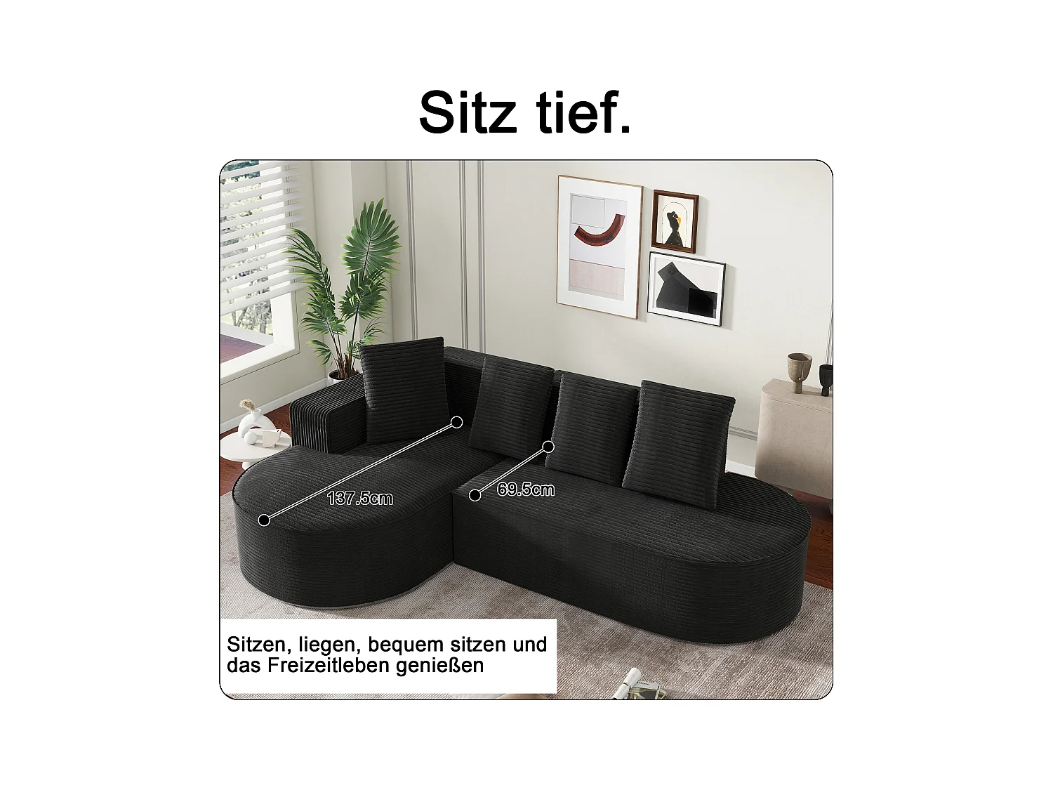 Modulaire bank met L-vormige relaxfauteuils, modern design, fluwelen stof, grijs en goud, (265x67x40,5 cm)