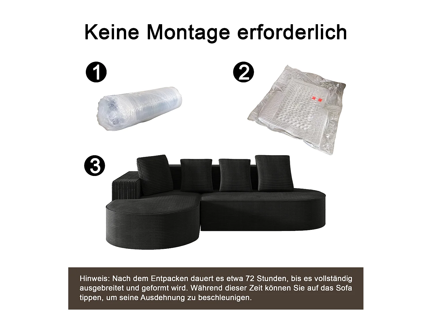 Modulaire bank met L-vormige relaxfauteuils, modern design, fluwelen stof, grijs en goud, (265x67x40,5 cm)